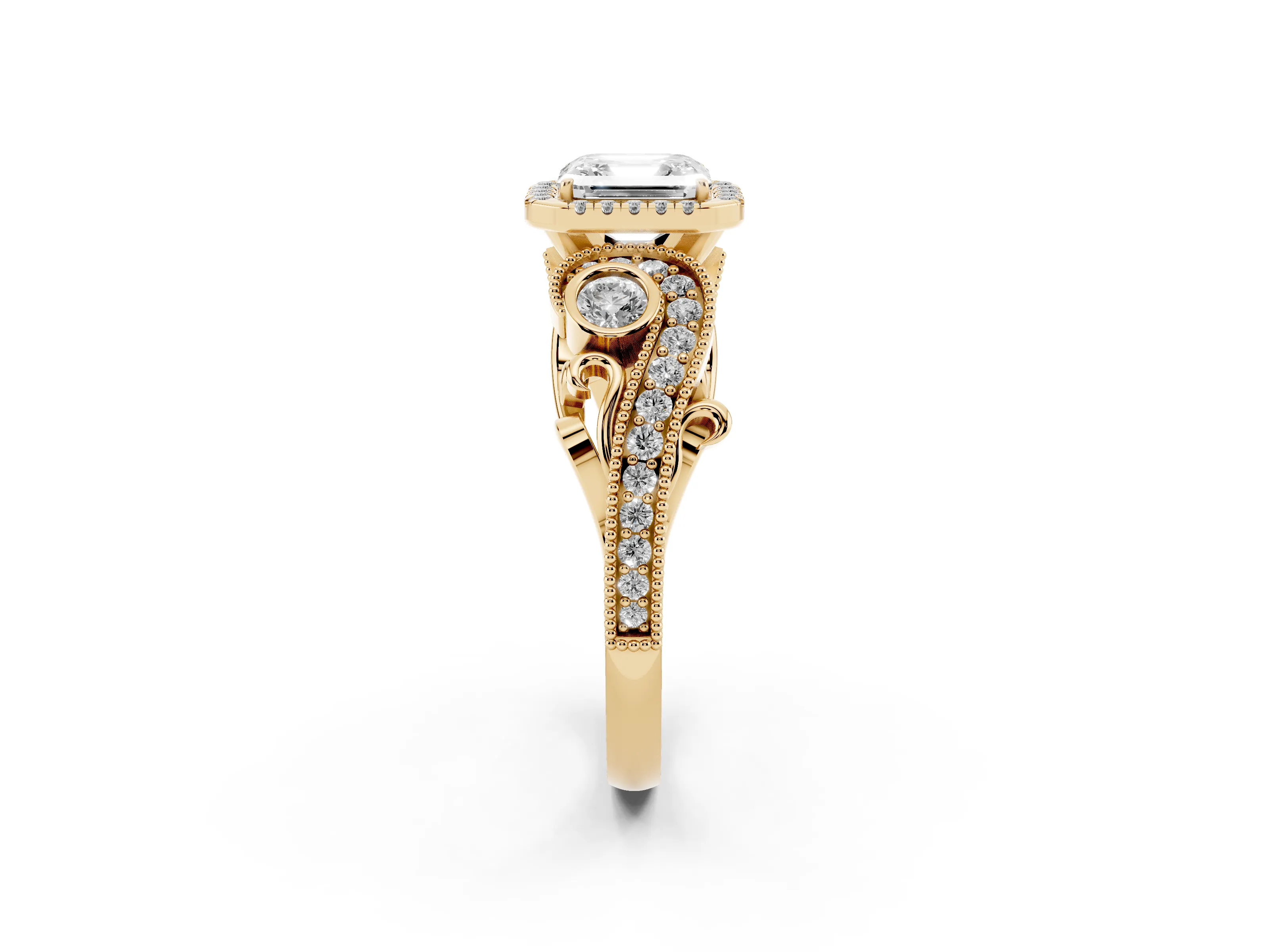 Asscher Cut Diamond Halo Ring Set in Yellow gold with Milgrain Pavé Band and Prong Setting