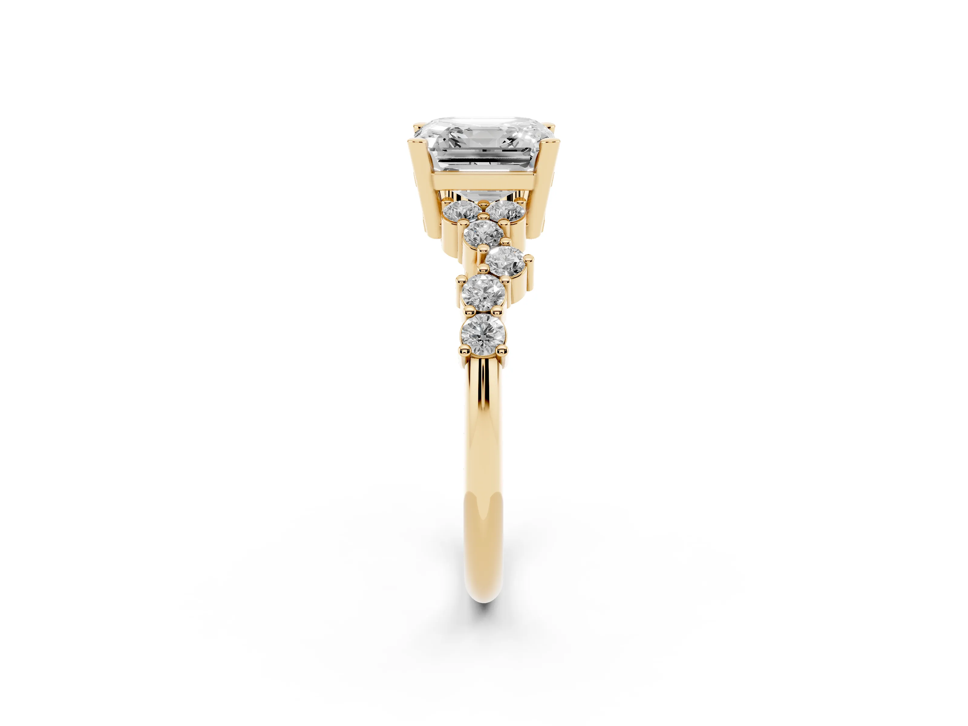 Asscher Cut Diamond Ring Set in Yellow gold with Scattered Round Accents