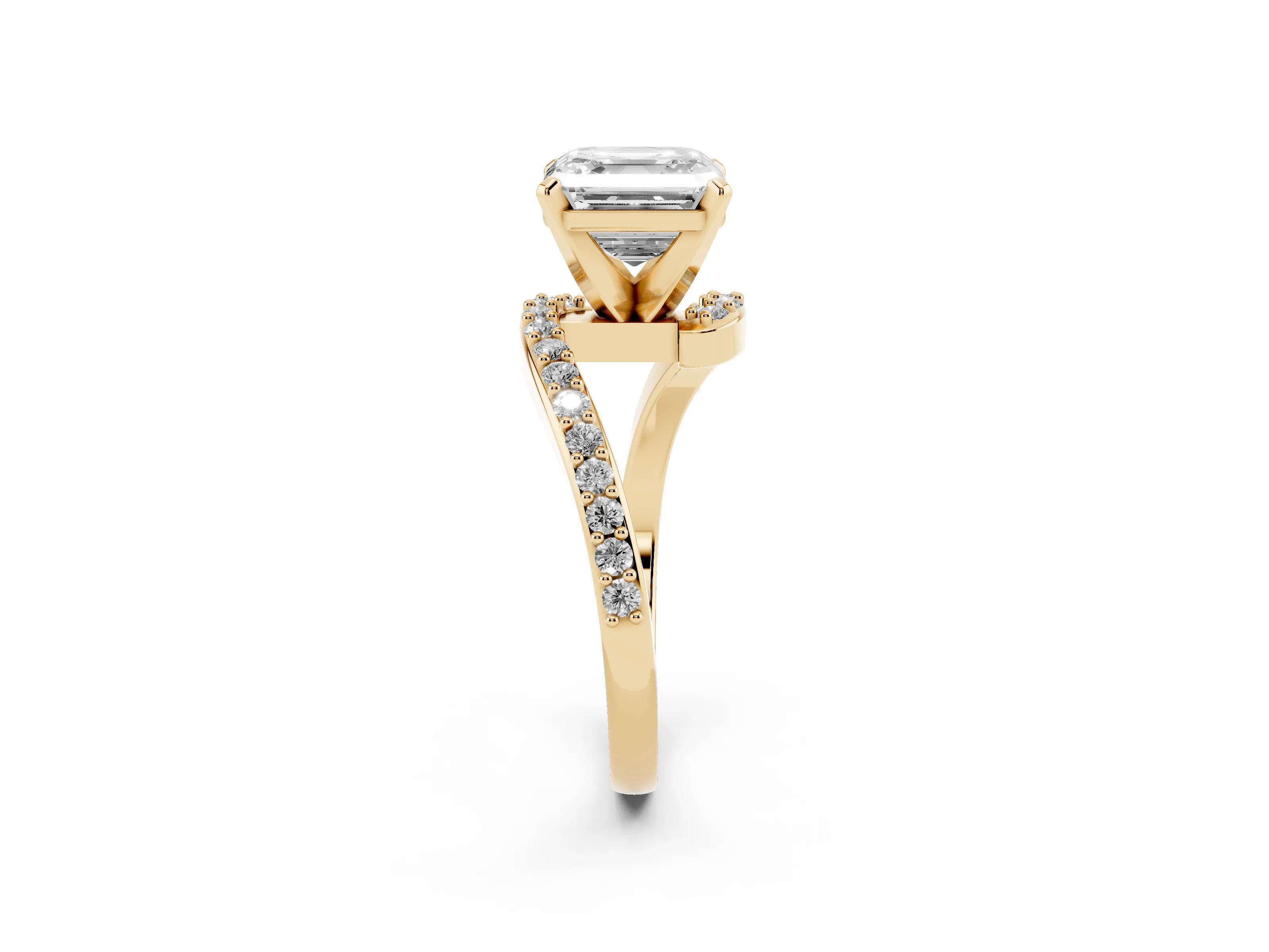 Asscher Cut Diamond Solitaire Ring Set in Yellow gold with Pavé Twist Band and Prong Setting