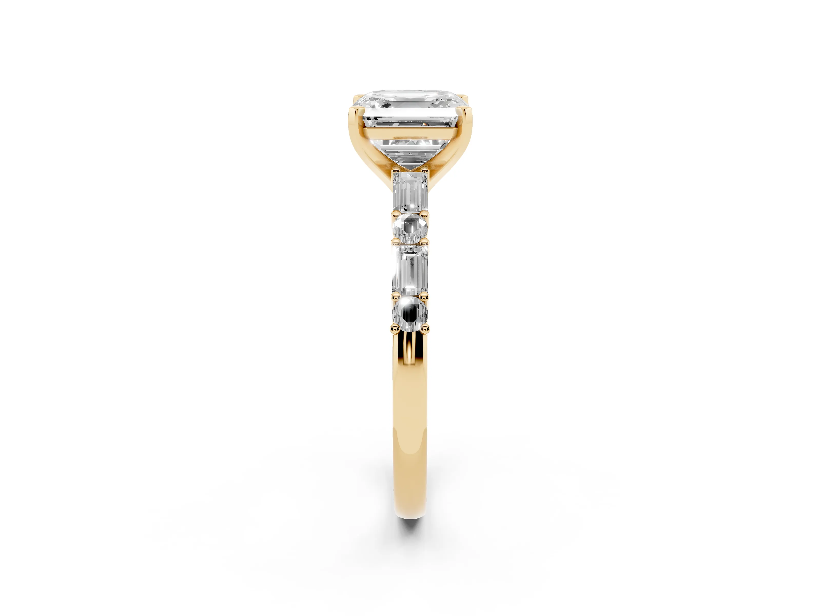 Asscher Cut Diamond Solitaire Set in Yellow gold with Side Baguettes and Channel Set Band