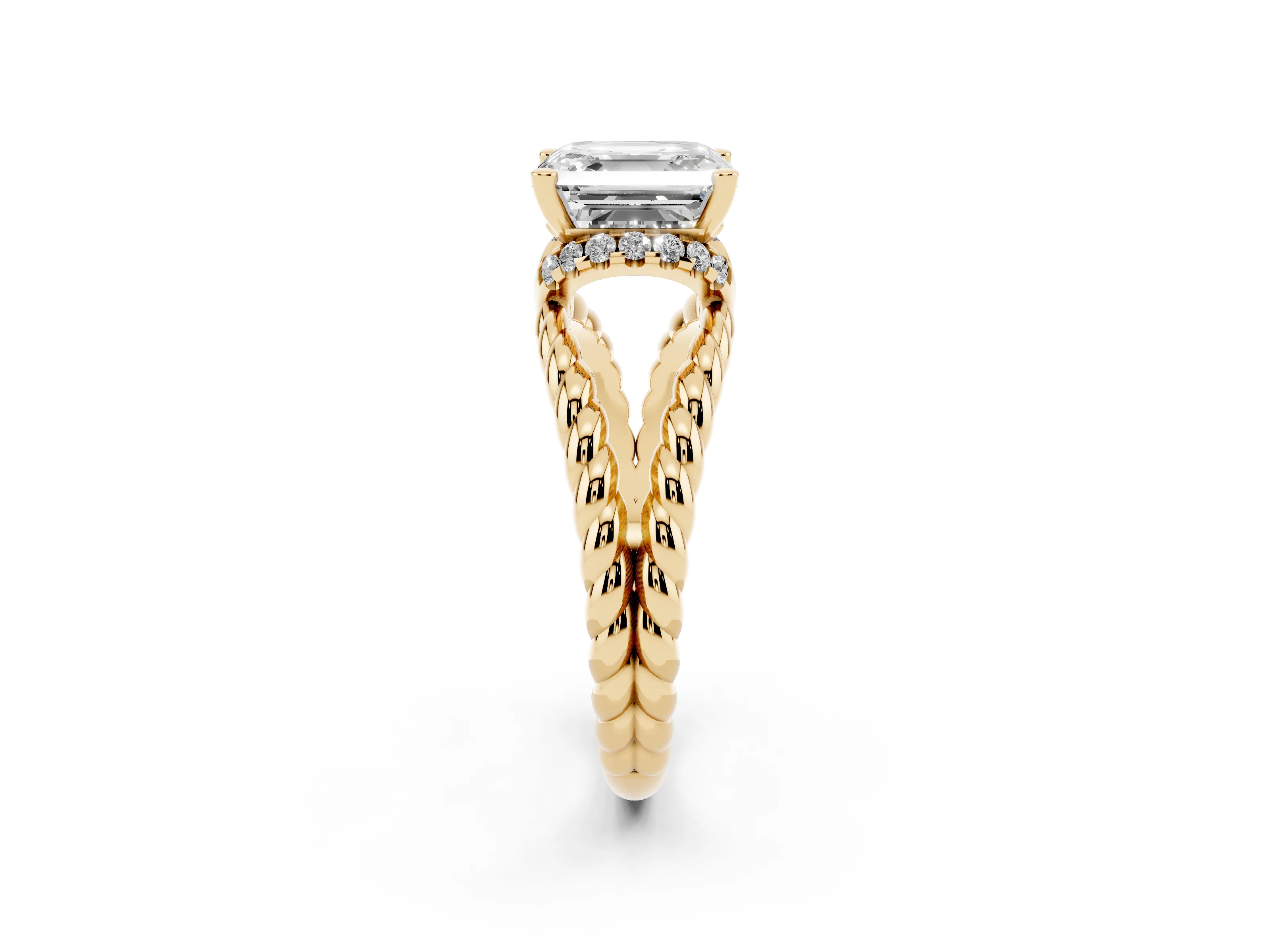 Asscher Cut Diamond Halo Ring Set in Yellow gold with Twisted Band and Prong Setting