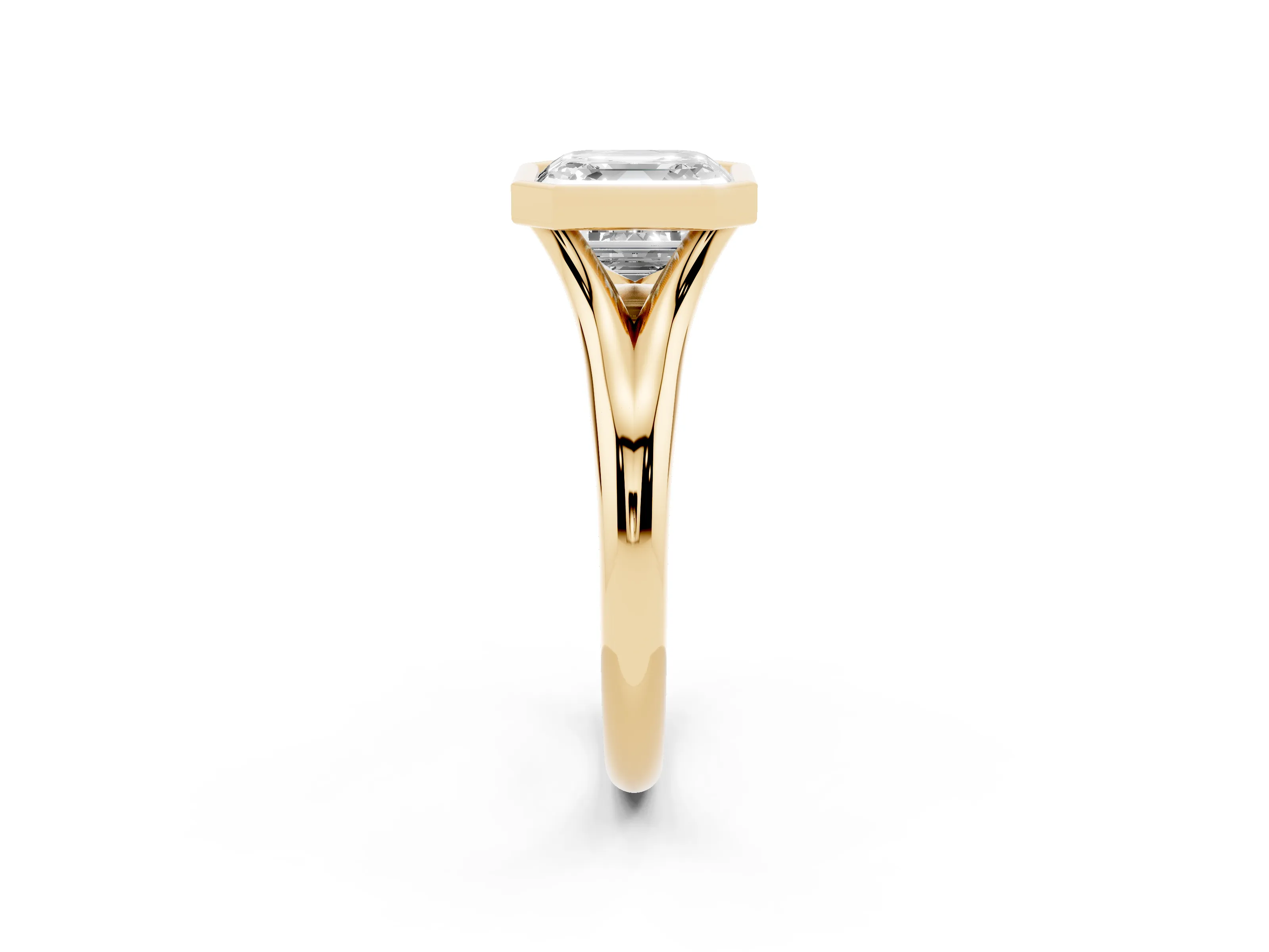 Bezel Set Asscher Cut Diamond Solitaire Ring Set in Yellow gold with Smooth Band