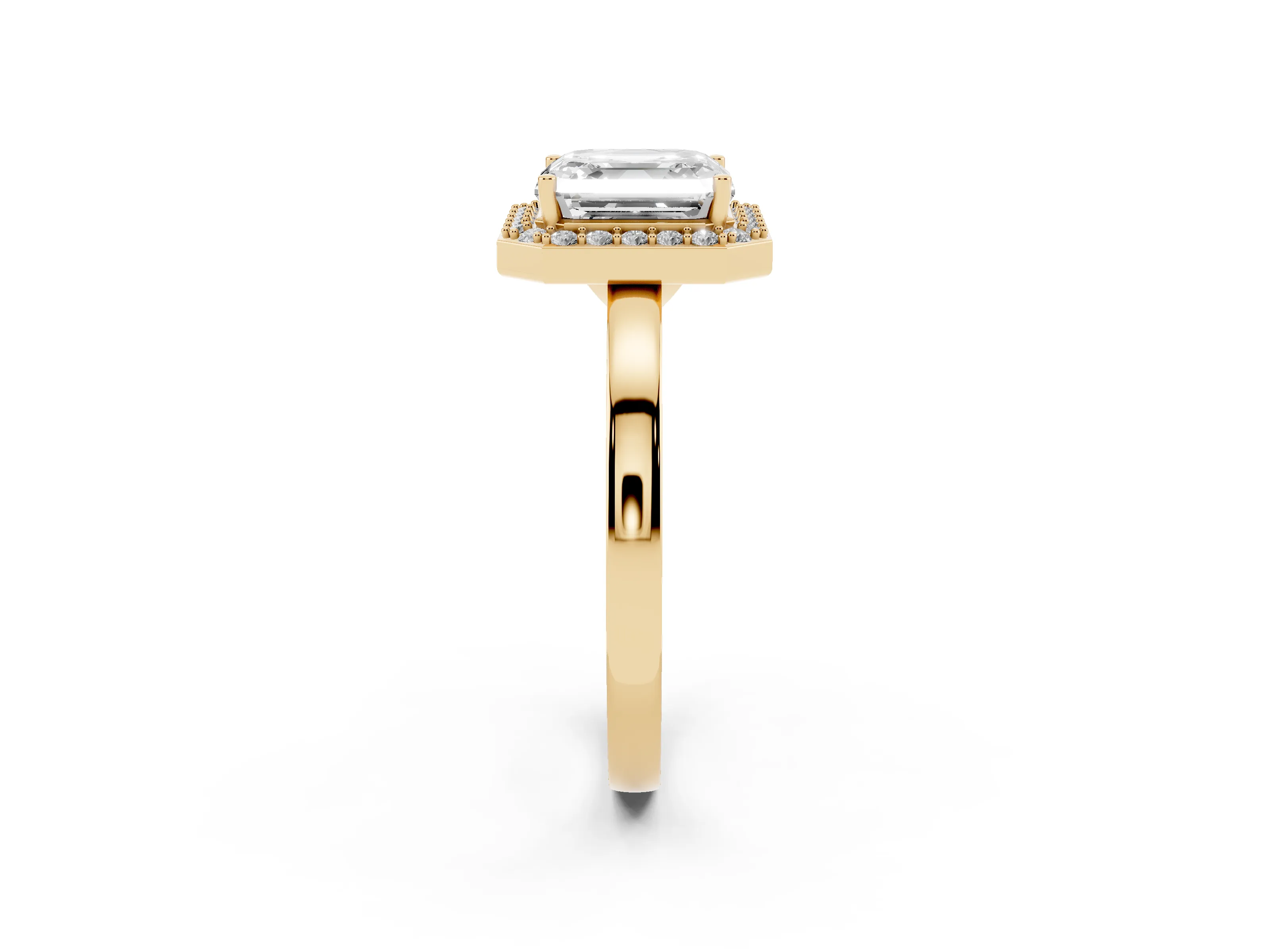 Asscher Cut Diamond Halo Ring Set in Yellow gold with Solitaire Band and Prong Setting