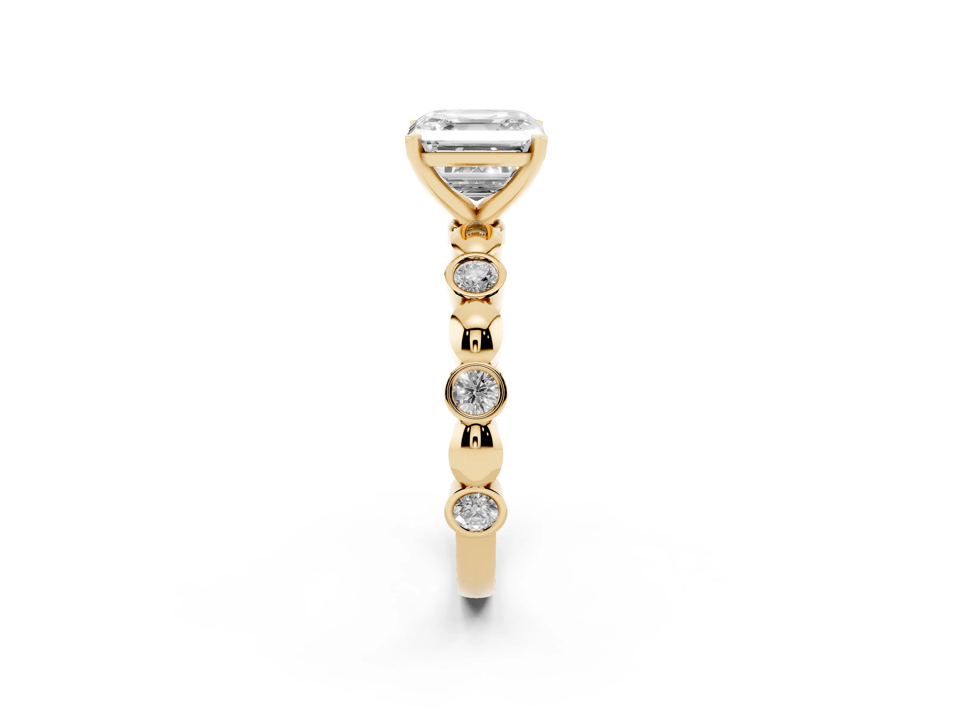 Asscher Cut Diamond Solitaire Ring Set in Yellow gold with Bezel-Set Accents on Beaded Band and Prong Setting