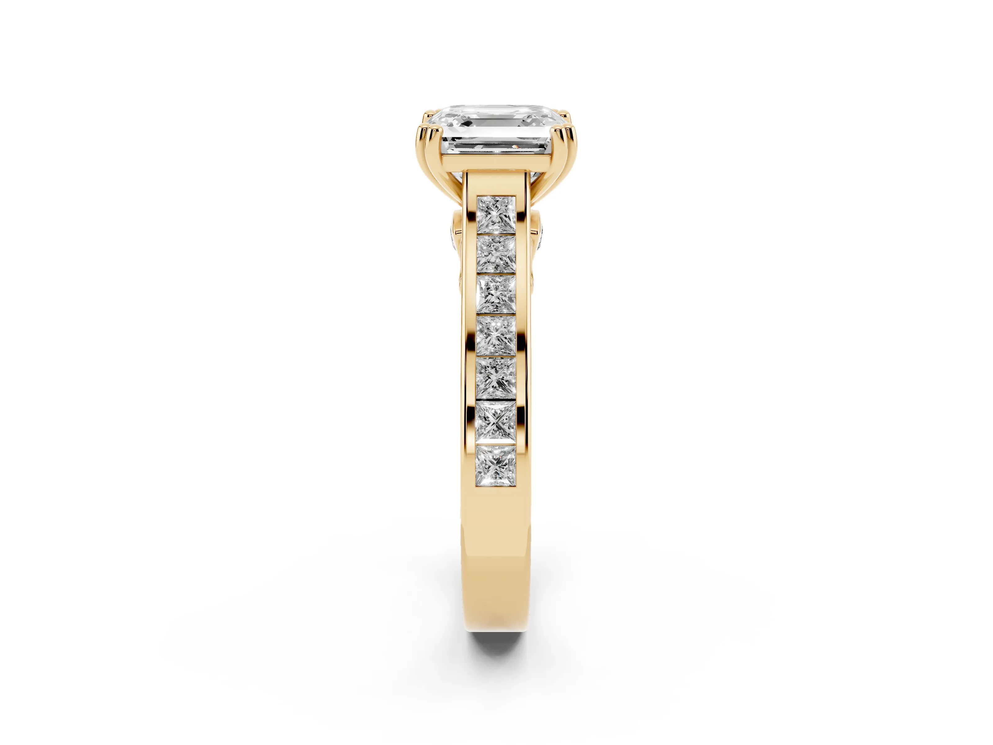 Asscher Cut Diamond Channel Set Solitaire Engagement Ring Set in Yellow gold with Prong Setting
