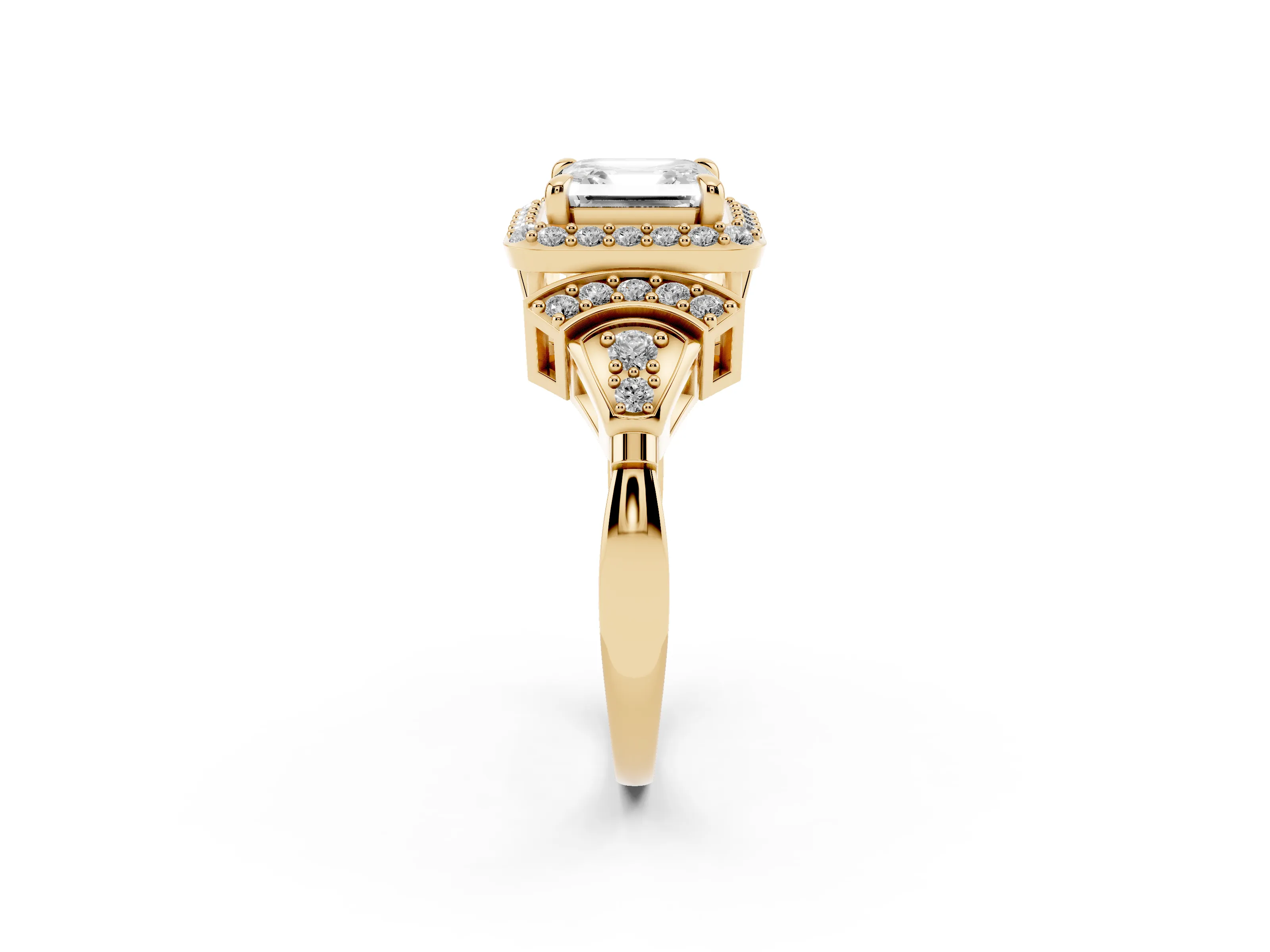 Asscher Cut Diamond Halo Engagement Ring Set in Yellow gold with Accent Stone Split Shank