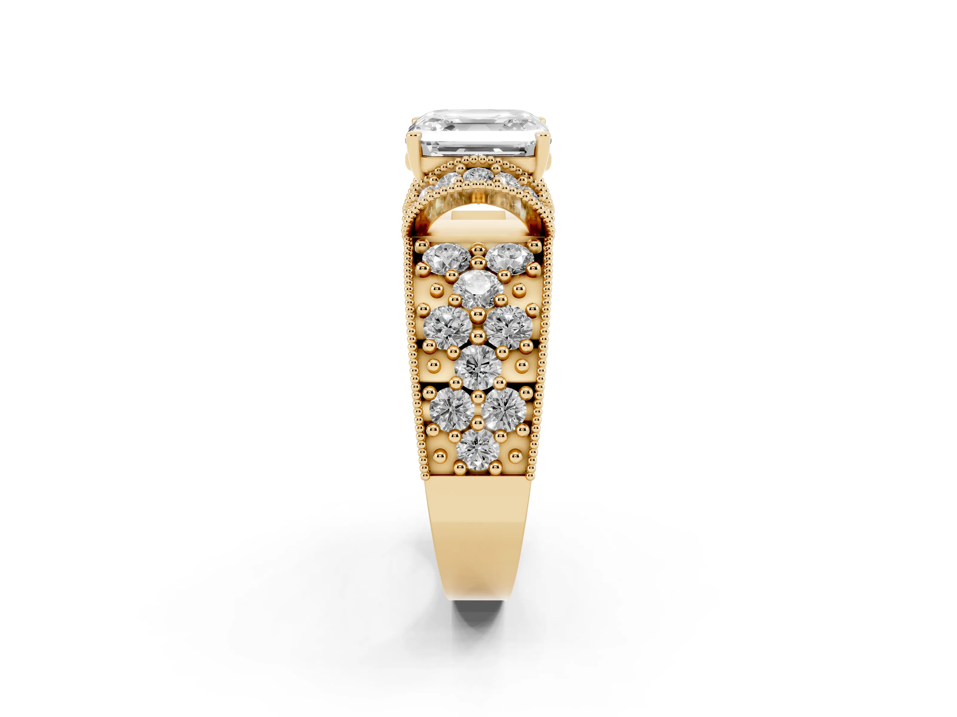 Asscher Cut Diamond Milgrain Halo Pavé Engagement Ring Set in Yellow gold with Prong Setting