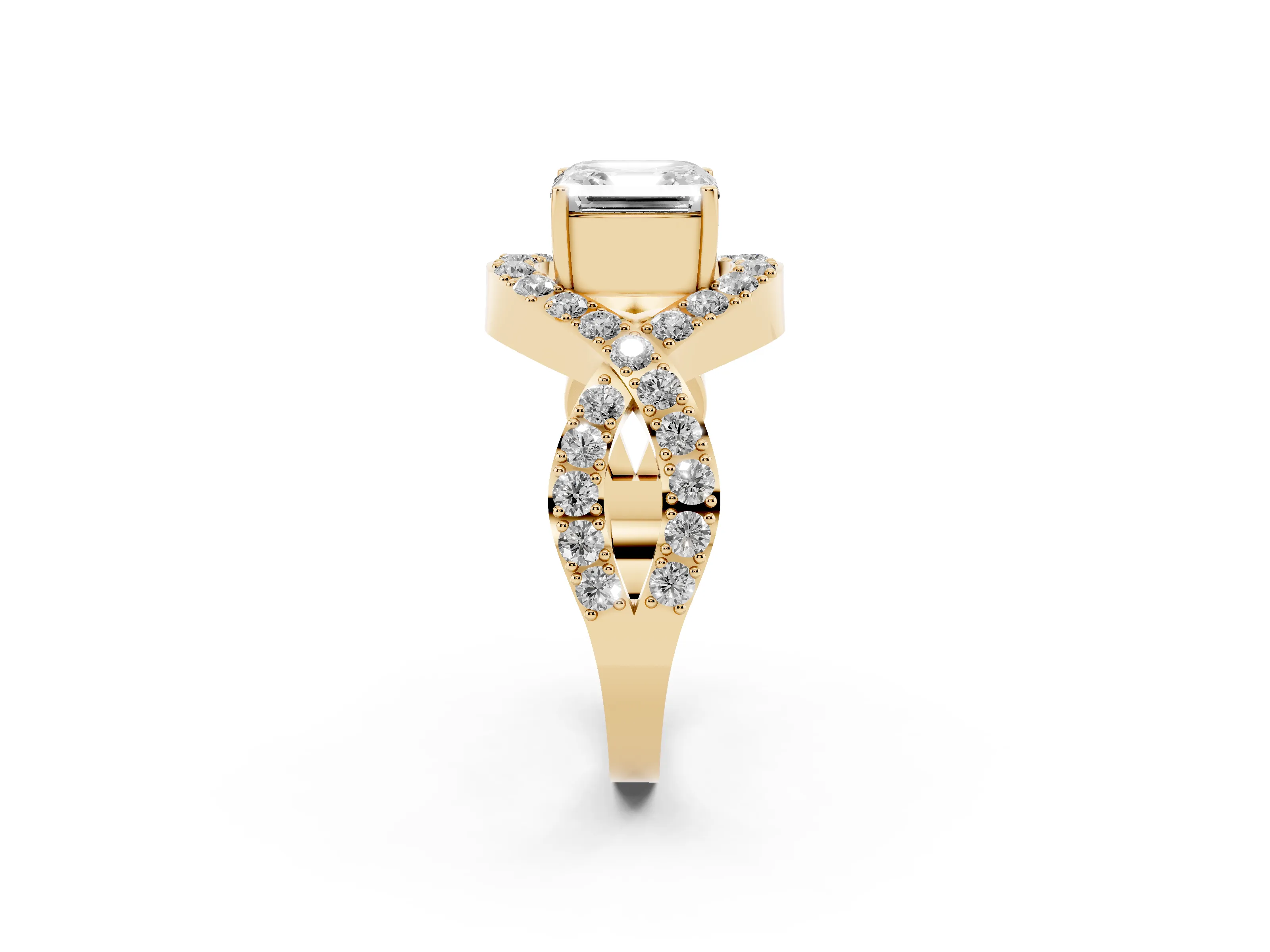 Asscher Cut Diamond Solitaire Twist Band Pavé Engagement Ring Set in Yellow gold