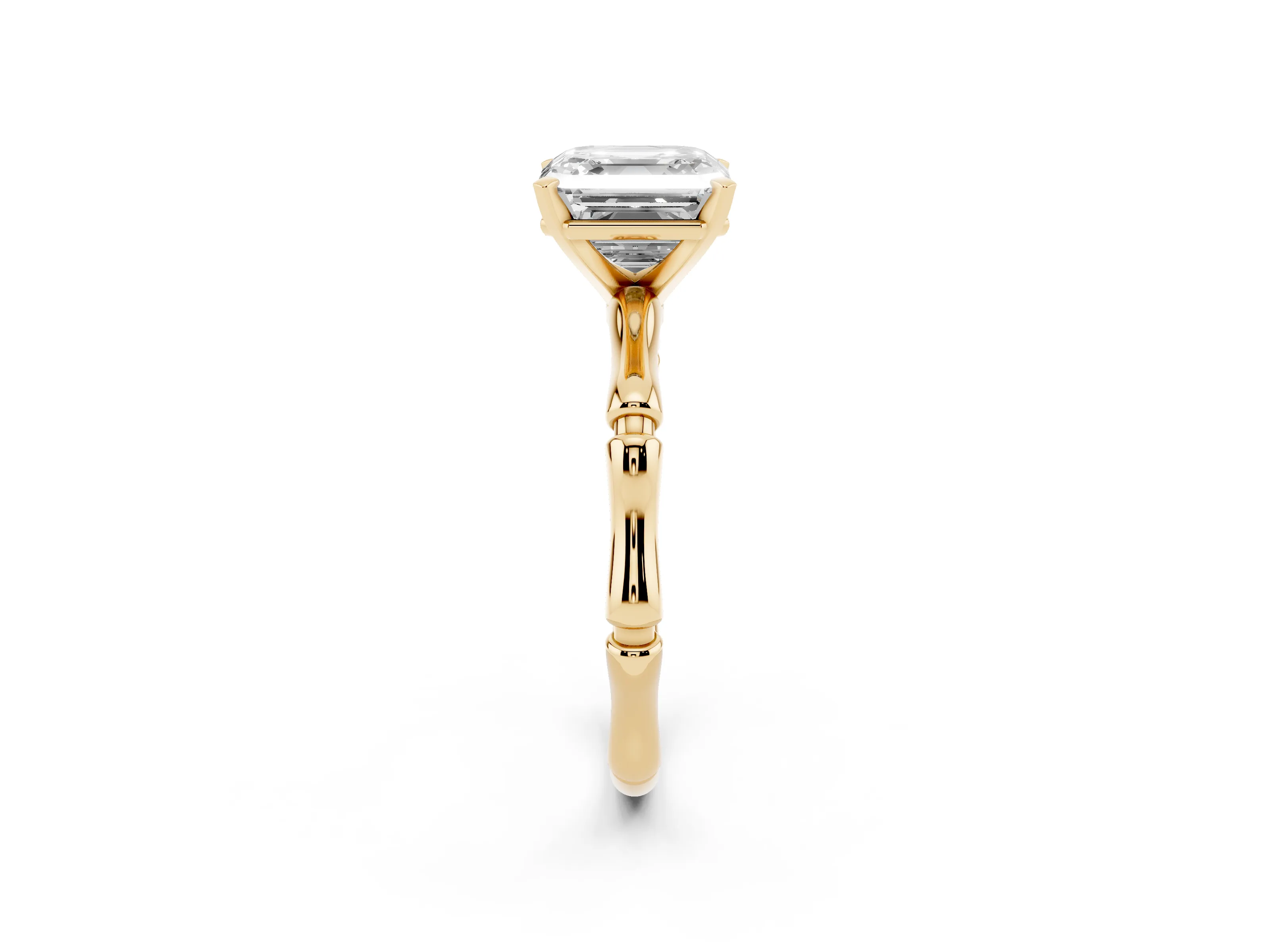Asscher Cut Diamond Solitaire Ring Set in Yellow gold with Bamboo Band and Prong Setting