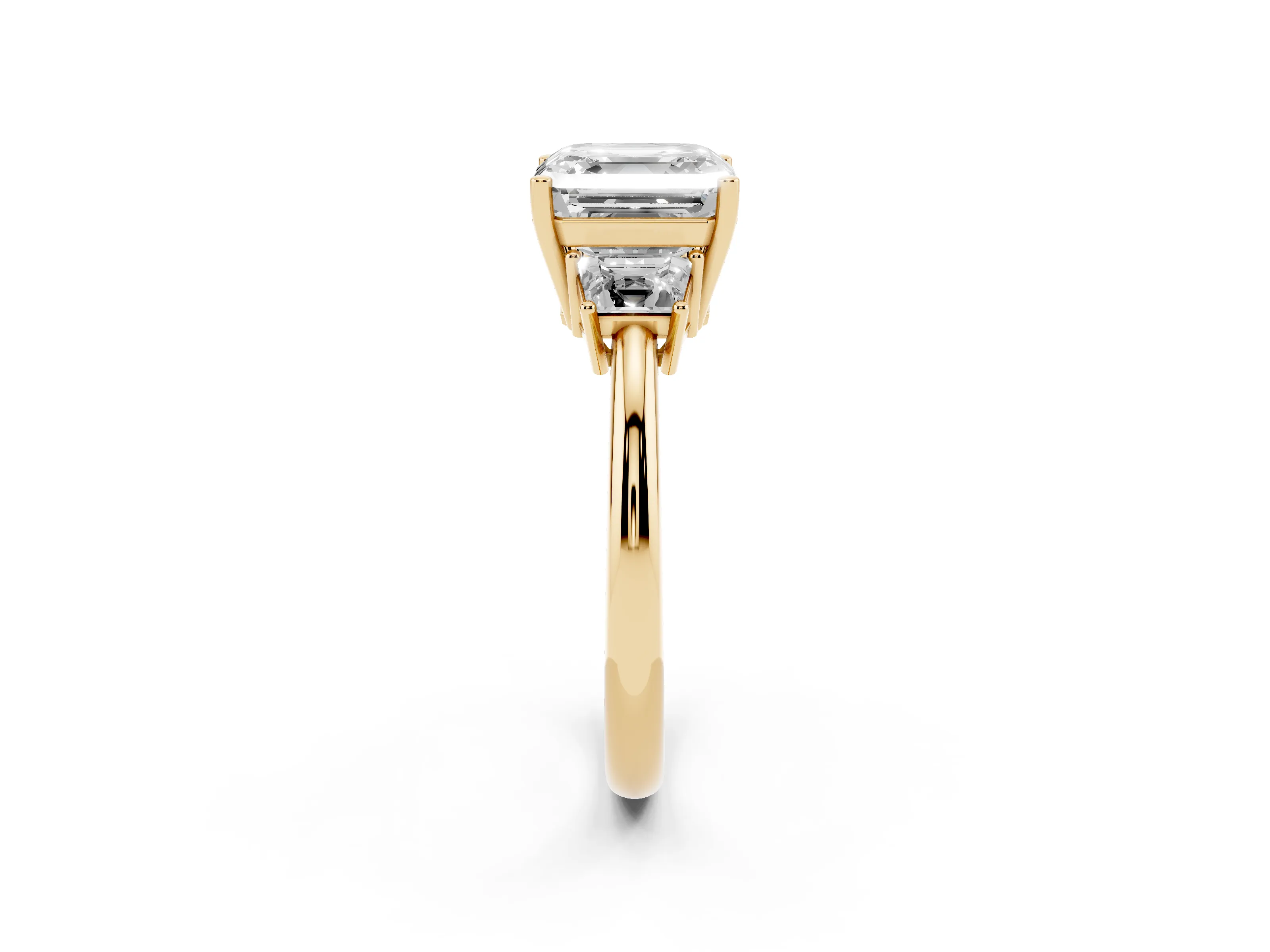 Asscher Cut Diamond Three-Stone Ring Set in Yellow gold with Trapezoid Side Stones and Prong Setting