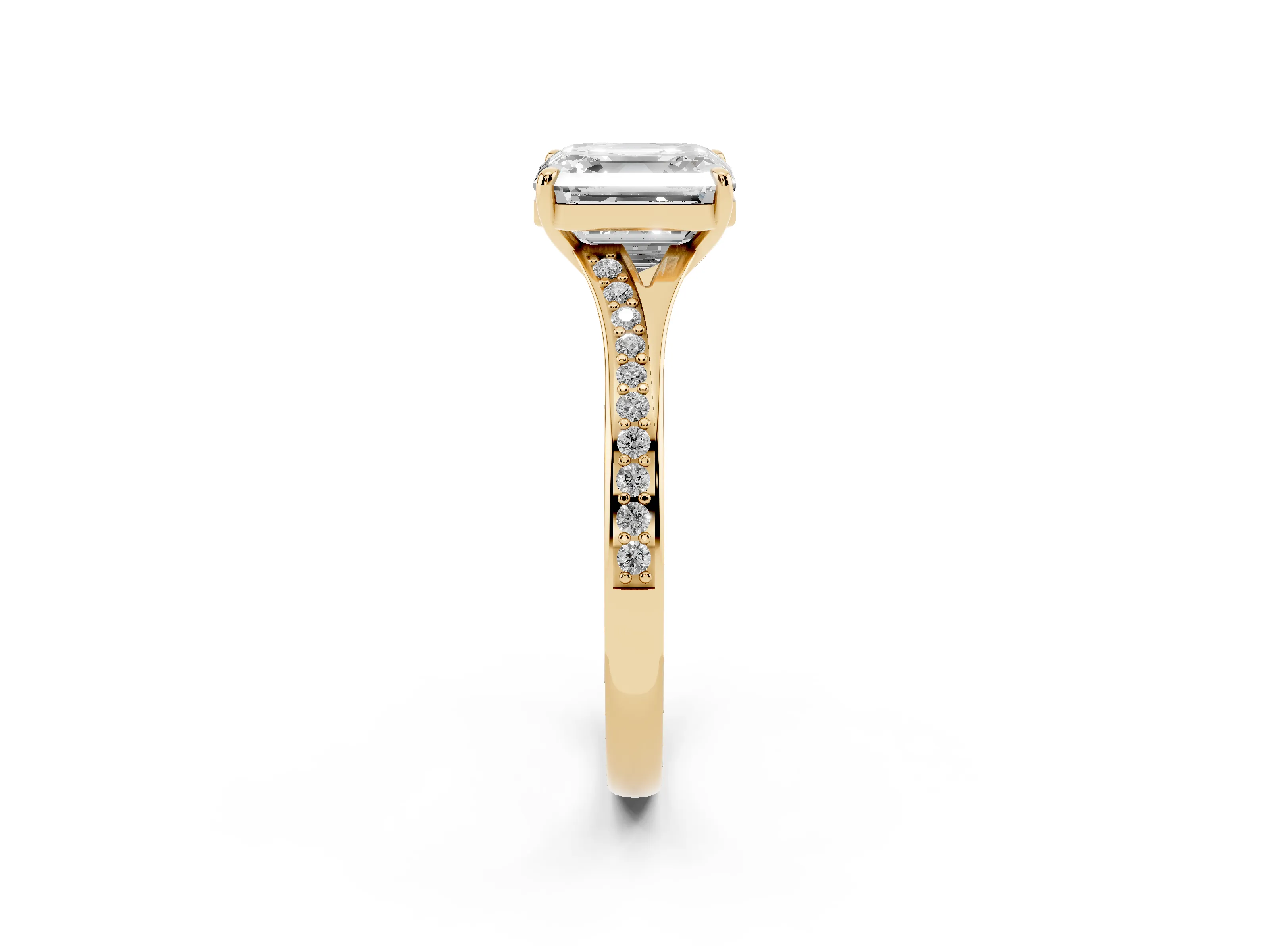 Asscher Cut Diamond Solitaire Ring Set in Yellow gold with Pavé Accent Band and Classic Prong Setting