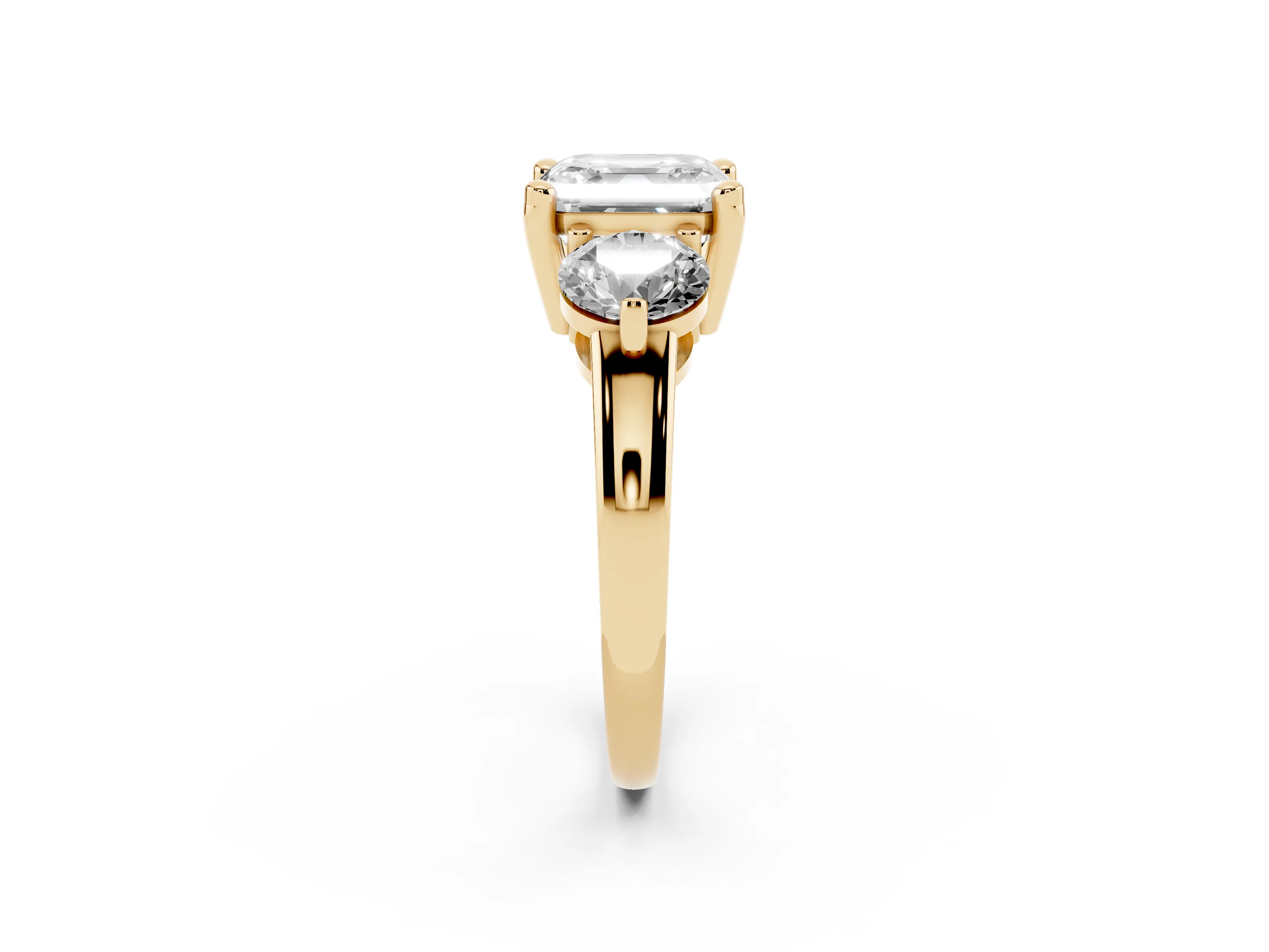 Asscher Cut Diamond Three-Stone Ring Set in Yellow gold with Prong Setting and Classic Band