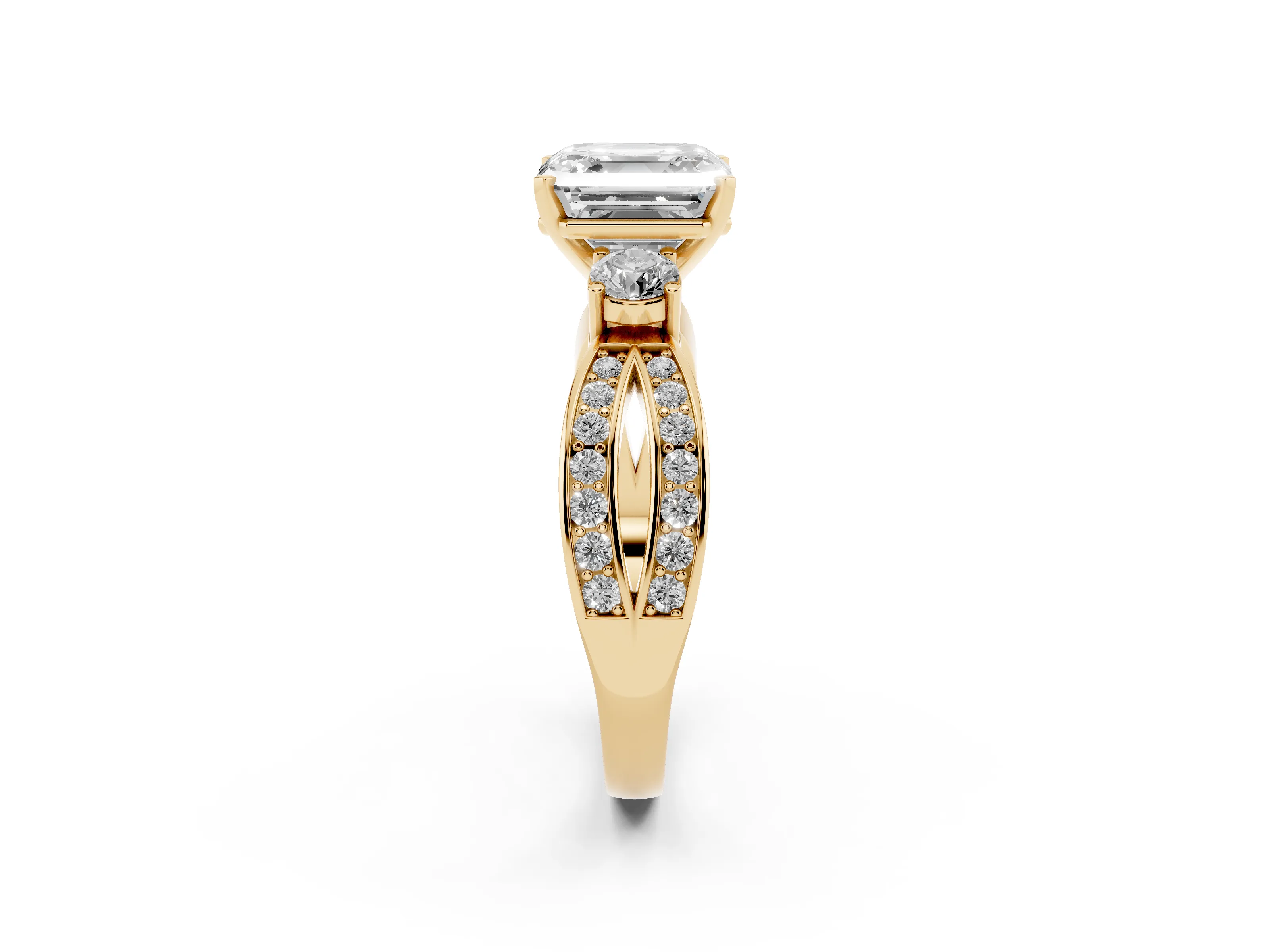 Three-Stone Asscher Cut Diamond Twist Band Ring Set in Yellow gold with Pavé Accents and Prong Setting
