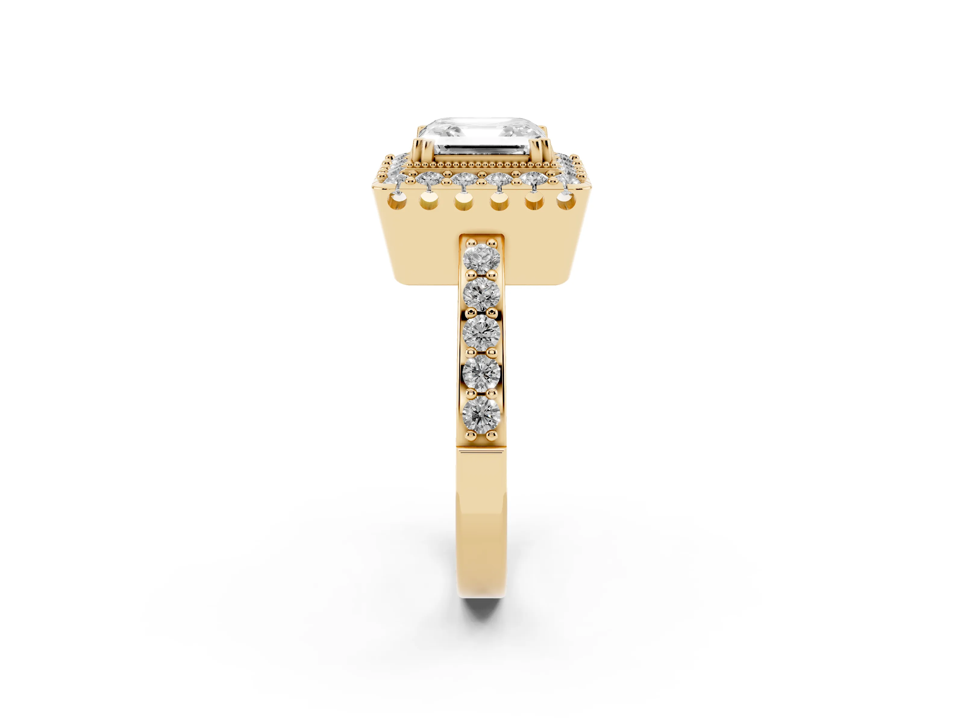 Asscher Cut Diamond Halo Ring Set in Yellow gold with Pavé Shank and Prong Setting