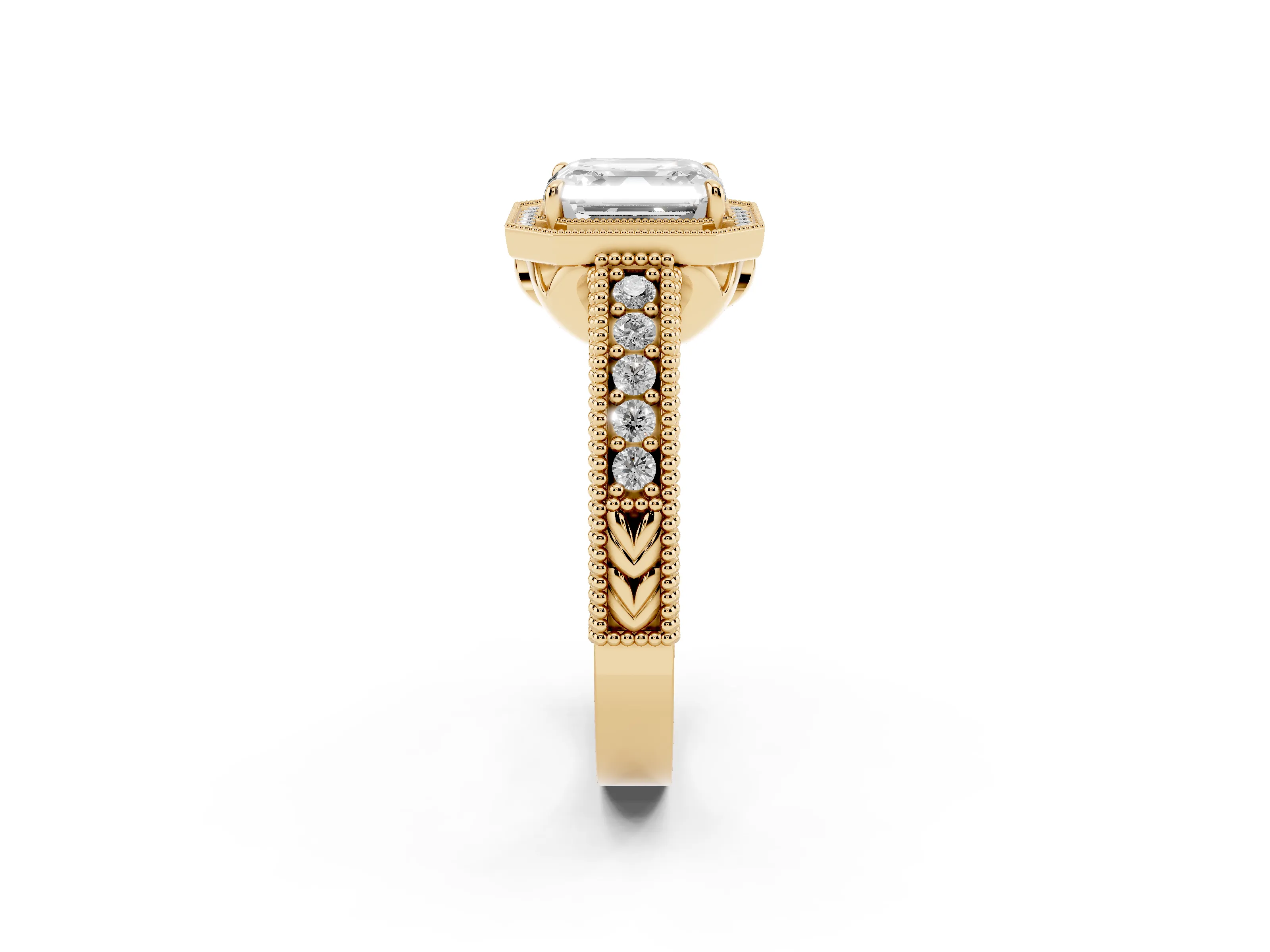 Asscher Cut Diamond Halo Ring Set in Yellow gold with Round Accent Halo, Pavé Band and Prong Setting