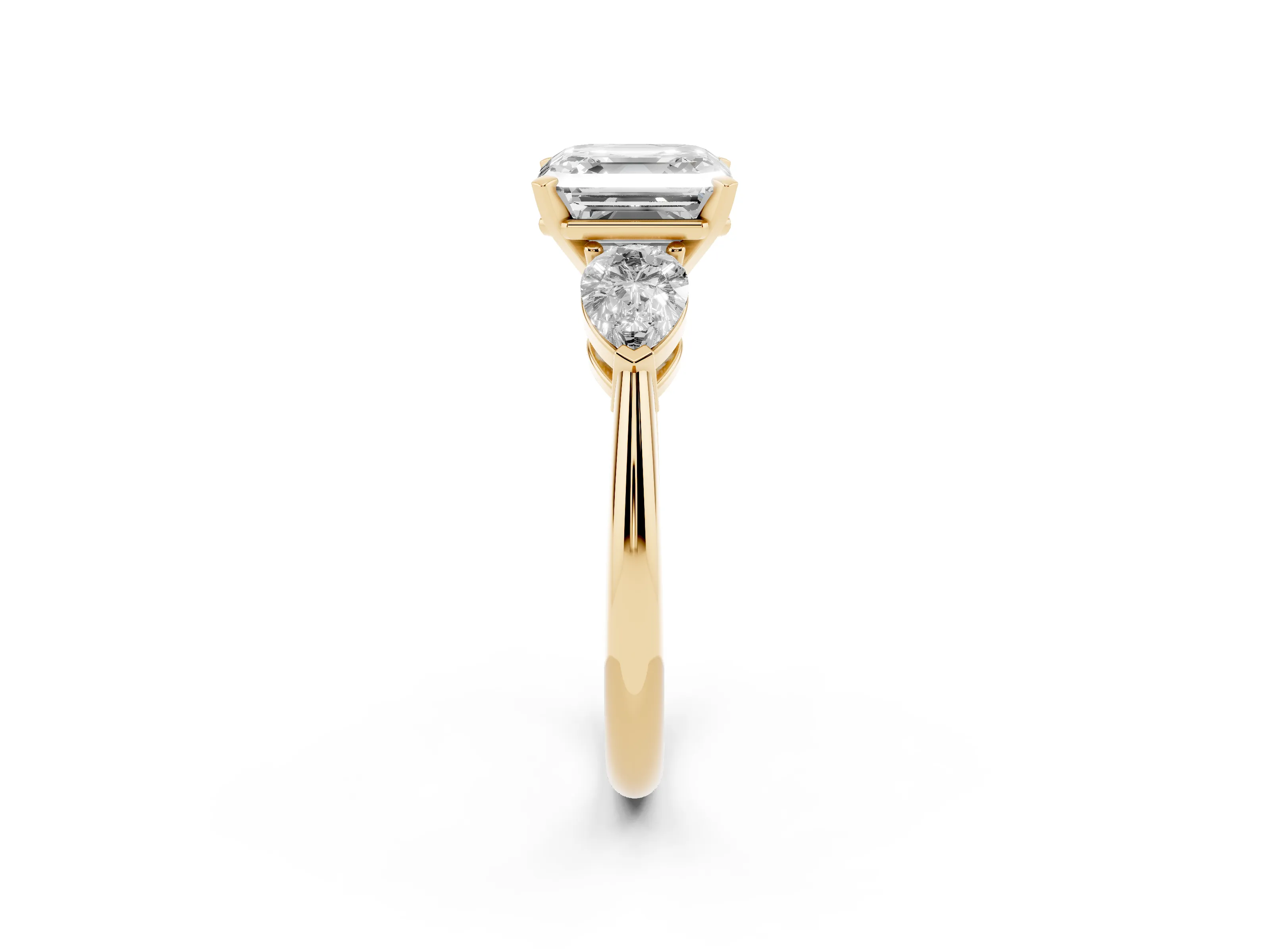 Three-Stone Asscher Cut Diamond Ring Set in Yellow gold with Pear Side Stones and Prong Setting