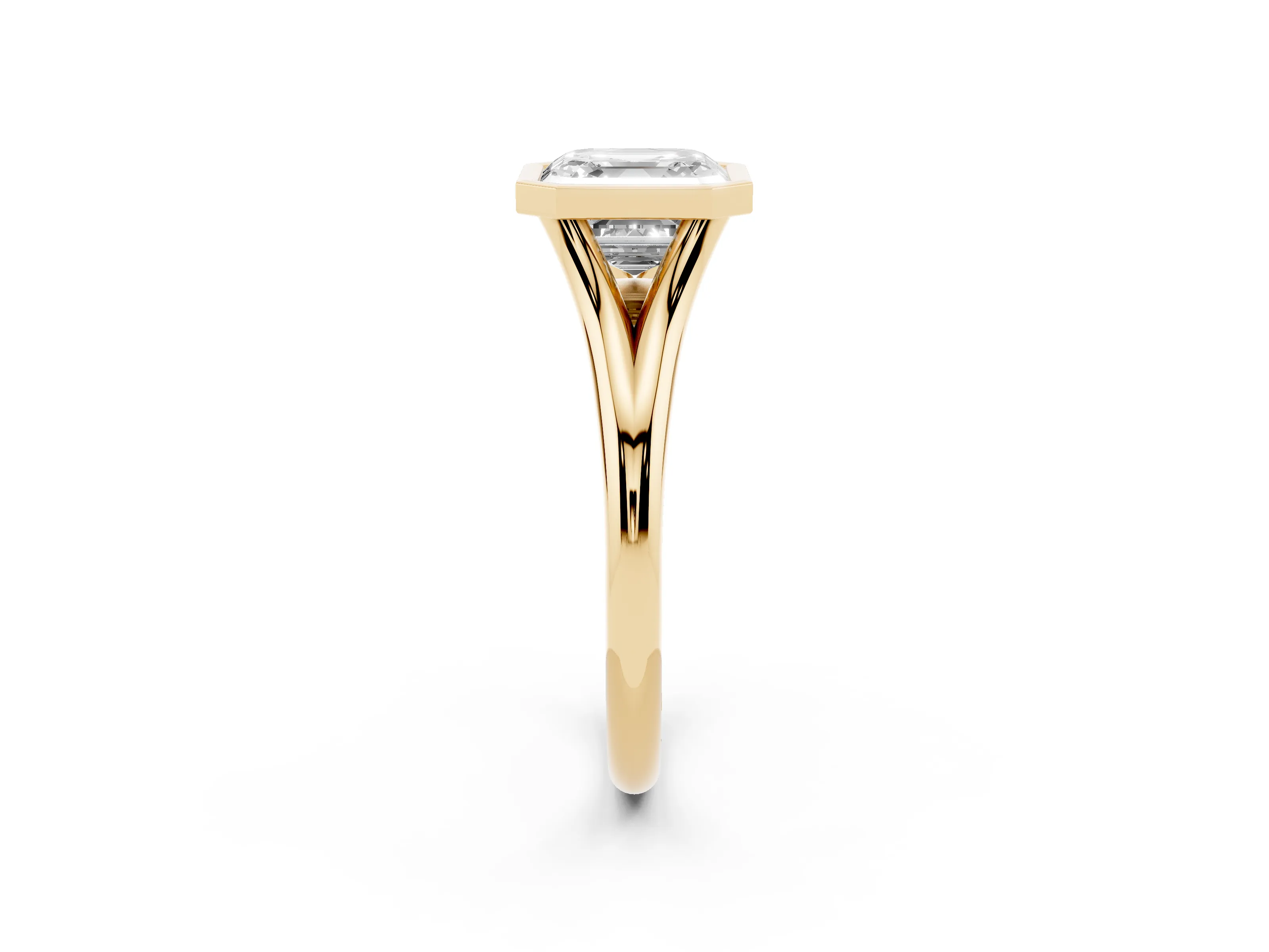 Bezel Set Asscher Cut Diamond Solitaire Ring Set in Yellow gold with Tapered Band