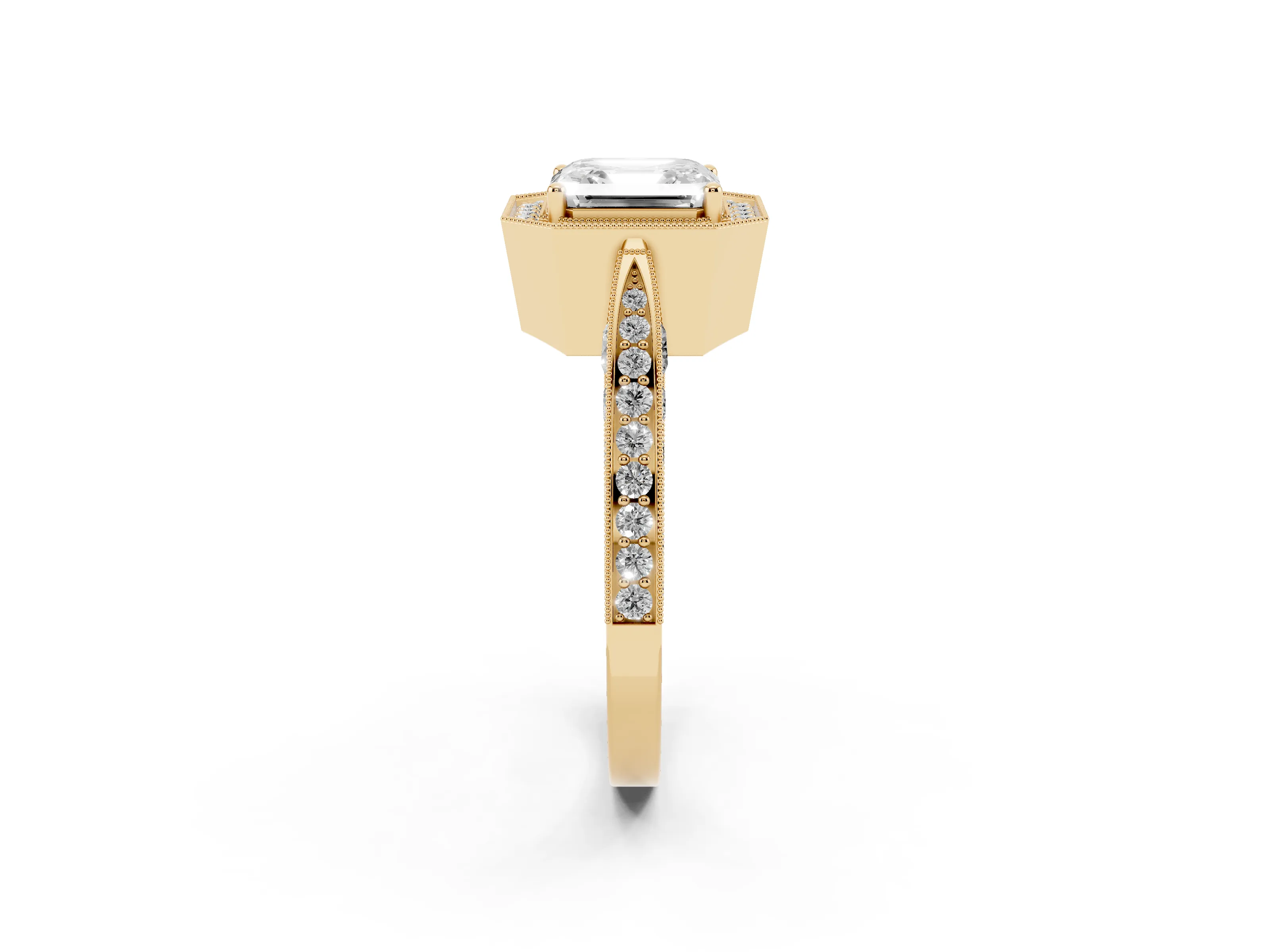 Asscher Cut Diamond Halo Engagement Ring Set in Yellow gold with Accent Split Shank Band