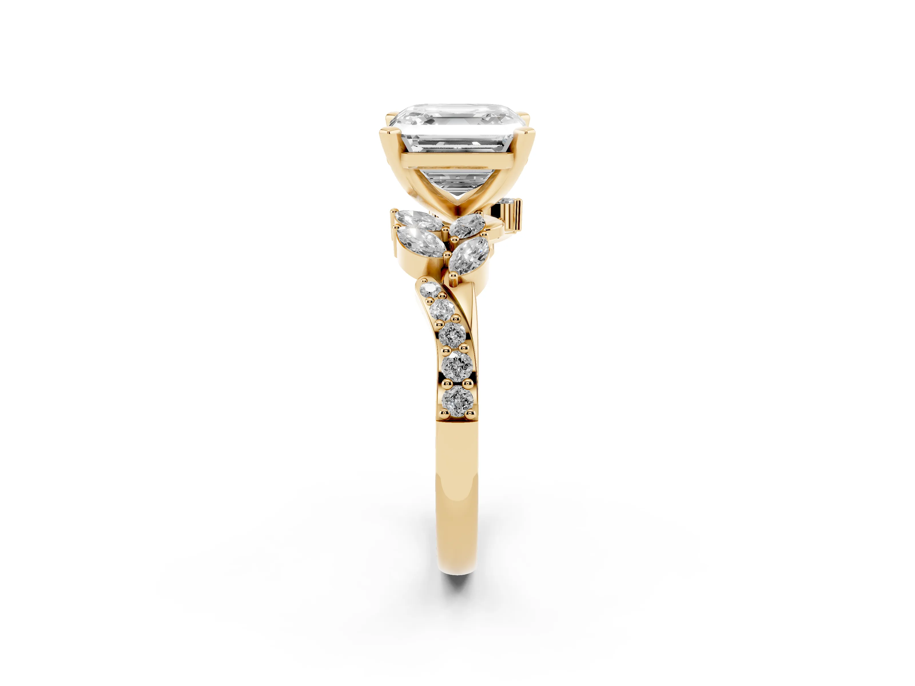 Asscher Cut Diamond Solitaire Ring Set in Yellow gold with Marquise Twist Band and Prong Setting