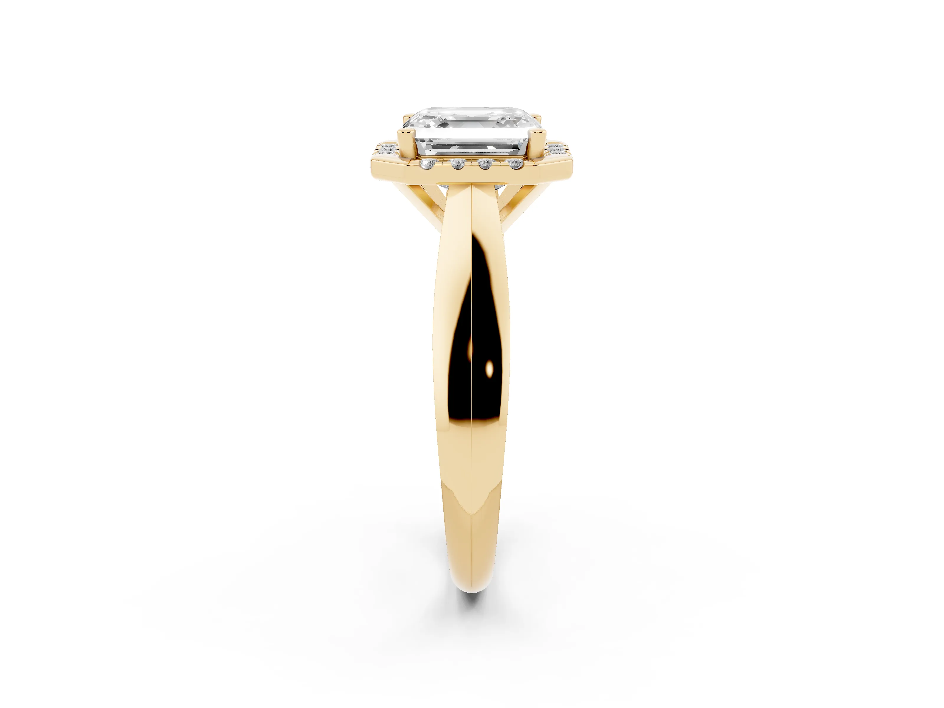 Asscher Cut Diamond Halo Solitaire Engagement Ring Set in Yellow gold with Square Band and Prong Setting