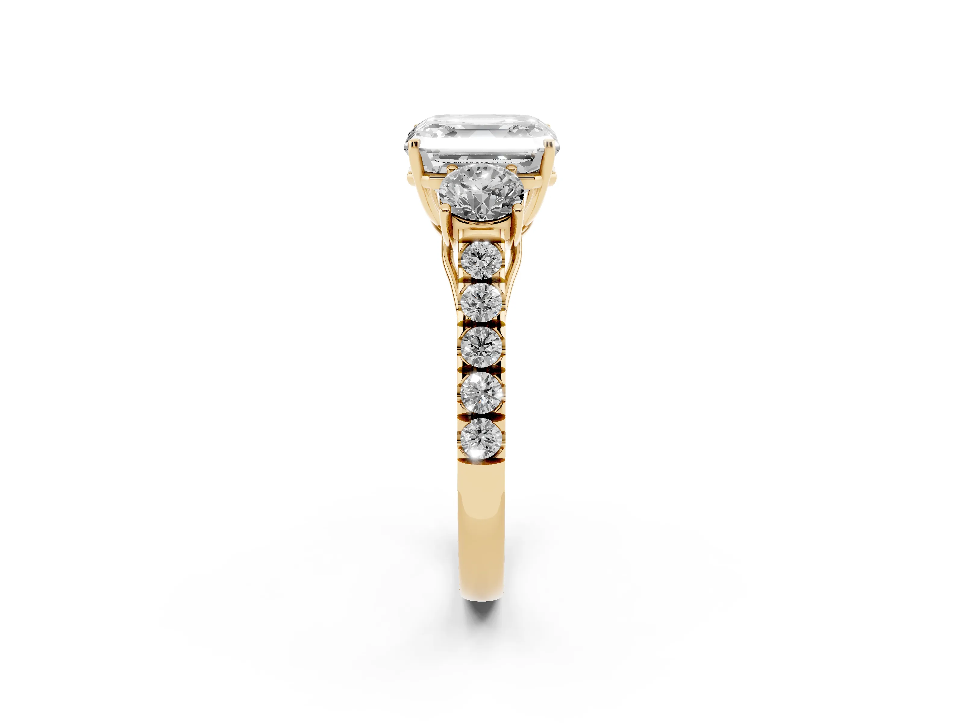 Asscher Cut Diamond Three-Stone Ring Set in Yellow gold with Round Side Stones and Delicate Pavé Band