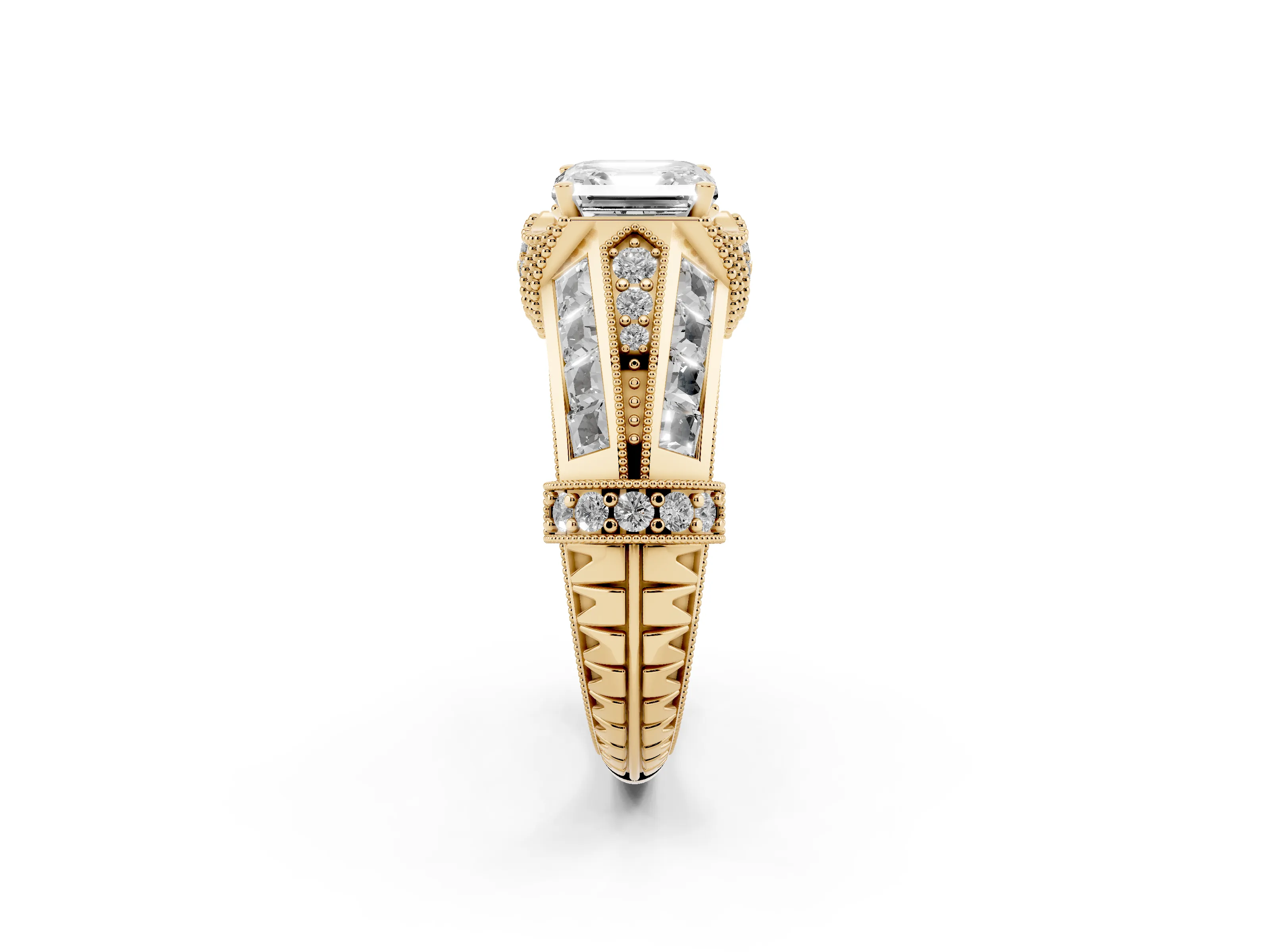 Asscher Cut Diamond Vintage-Inspired Milgrain Ring Set in Yellow gold with Accent Split Shank