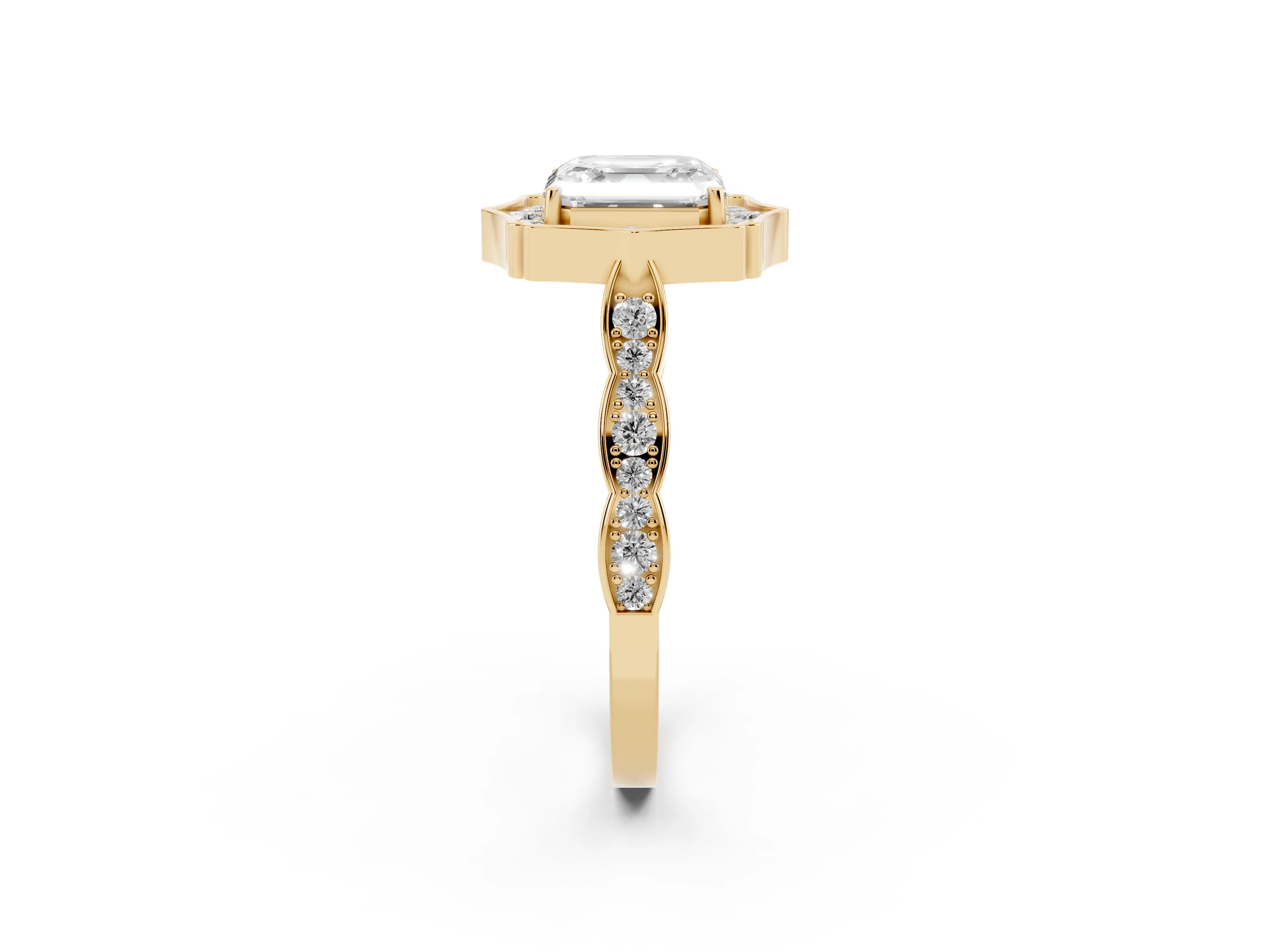 Asscher Cut Diamond Halo Engagement Ring Set in Yellow gold with Milgrain Band and Prong Setting