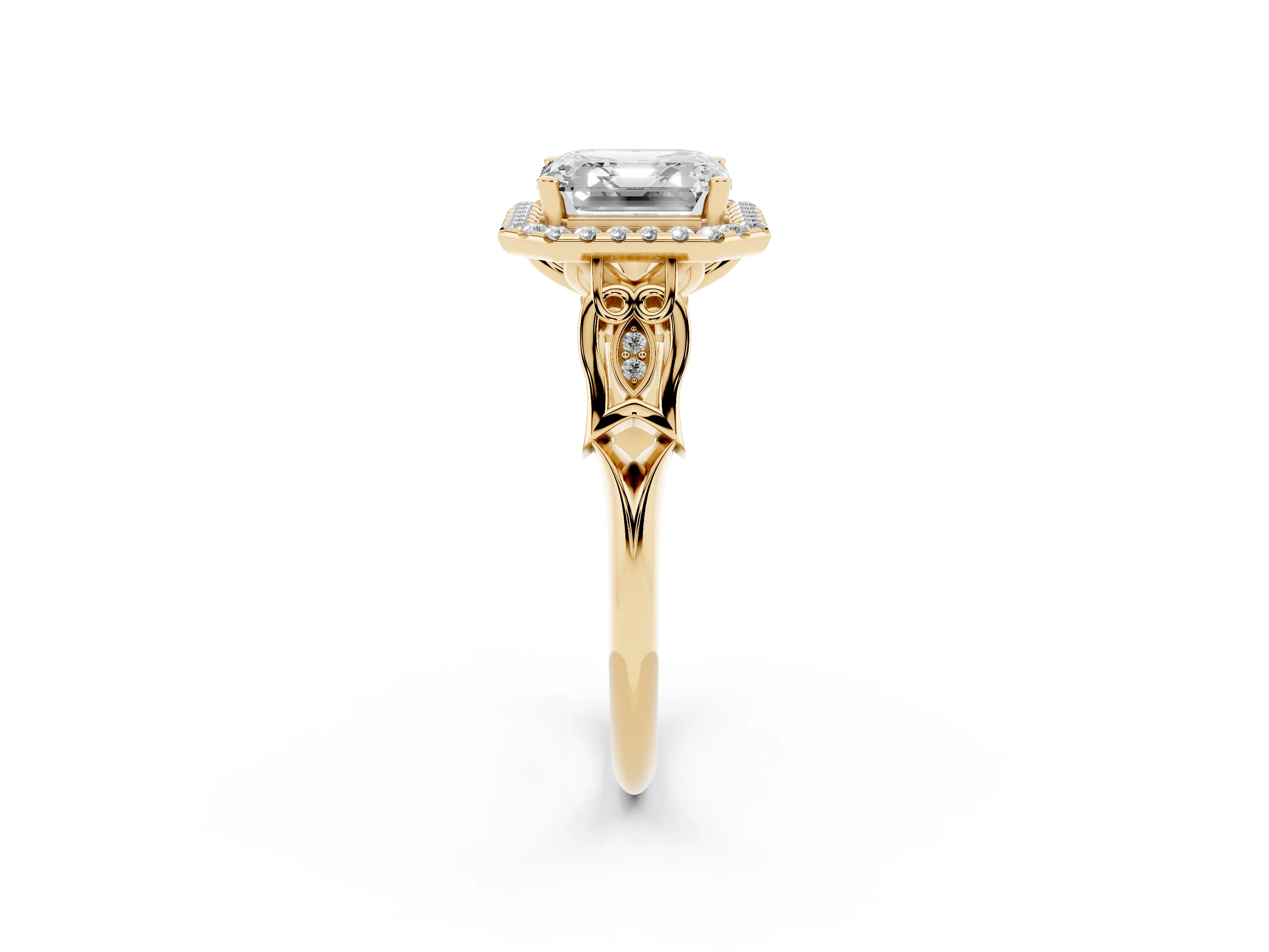 Asscher Cut Diamond Halo Engagement Ring Set in Yellow gold with Filigree Band and Prong-Set Center