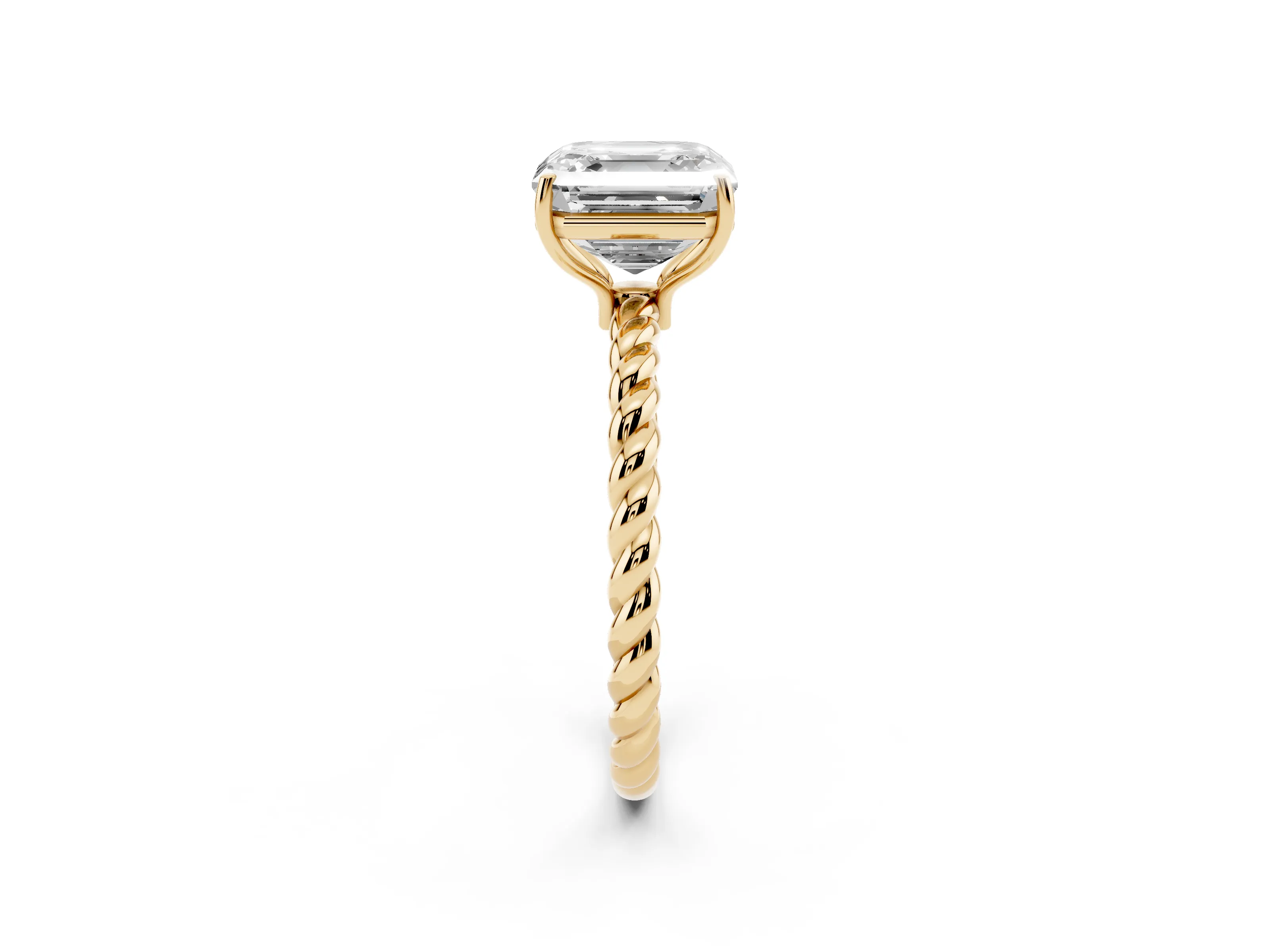 Asscher Cut Diamond Solitaire Ring Set in Yellow gold with Twist Band and Prong Setting