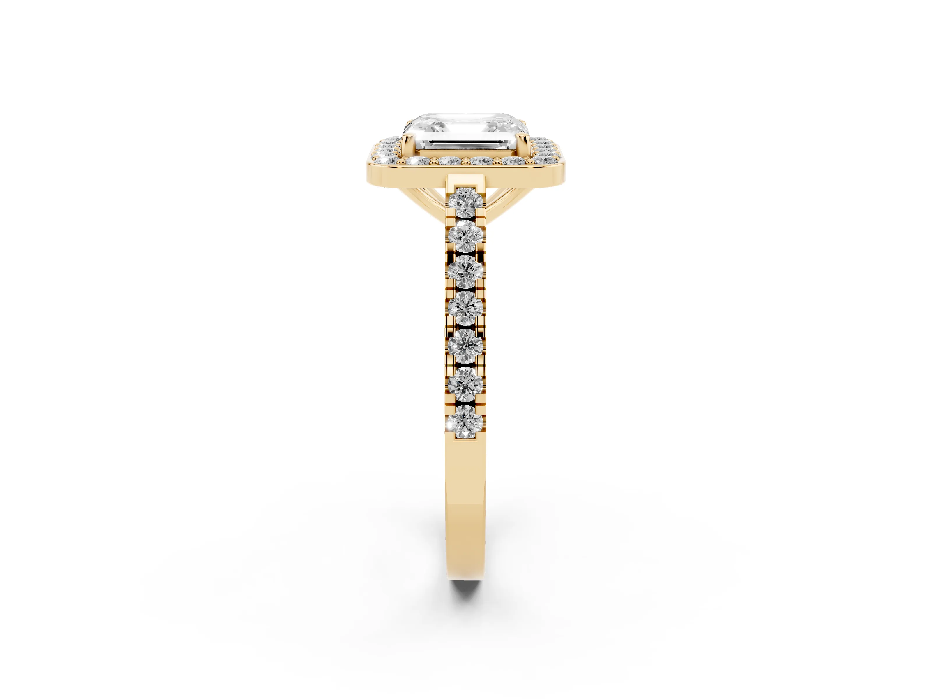 Asscher Cut Diamond Halo Ring Set in Yellow gold with Round Pavé Split Shank and Prong Setting