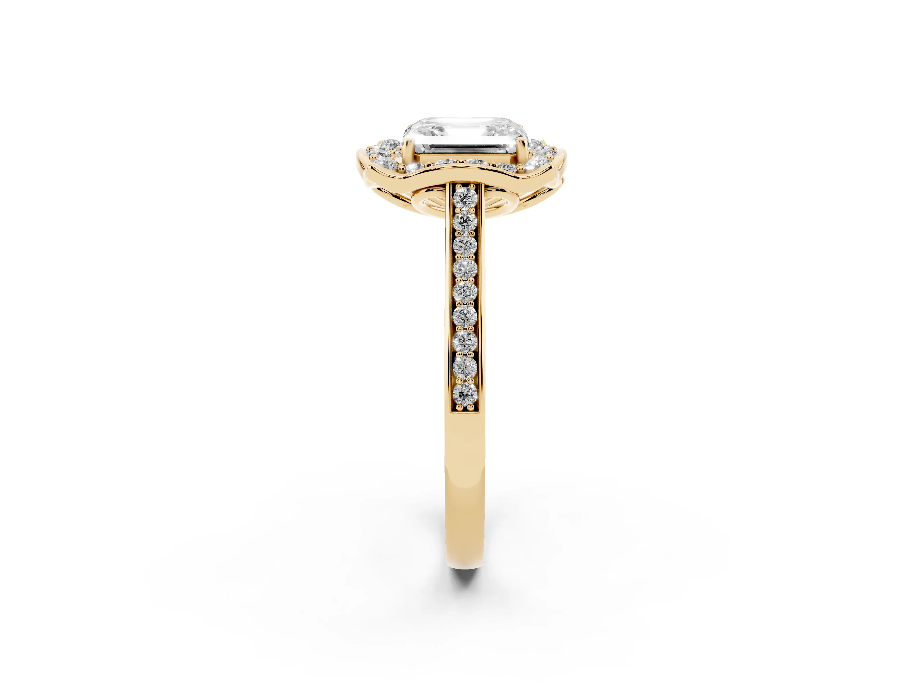 Asscher Cut Diamond Halo Ring Set in Yellow gold with Pavé-Lined Shoulders and Prong Setting