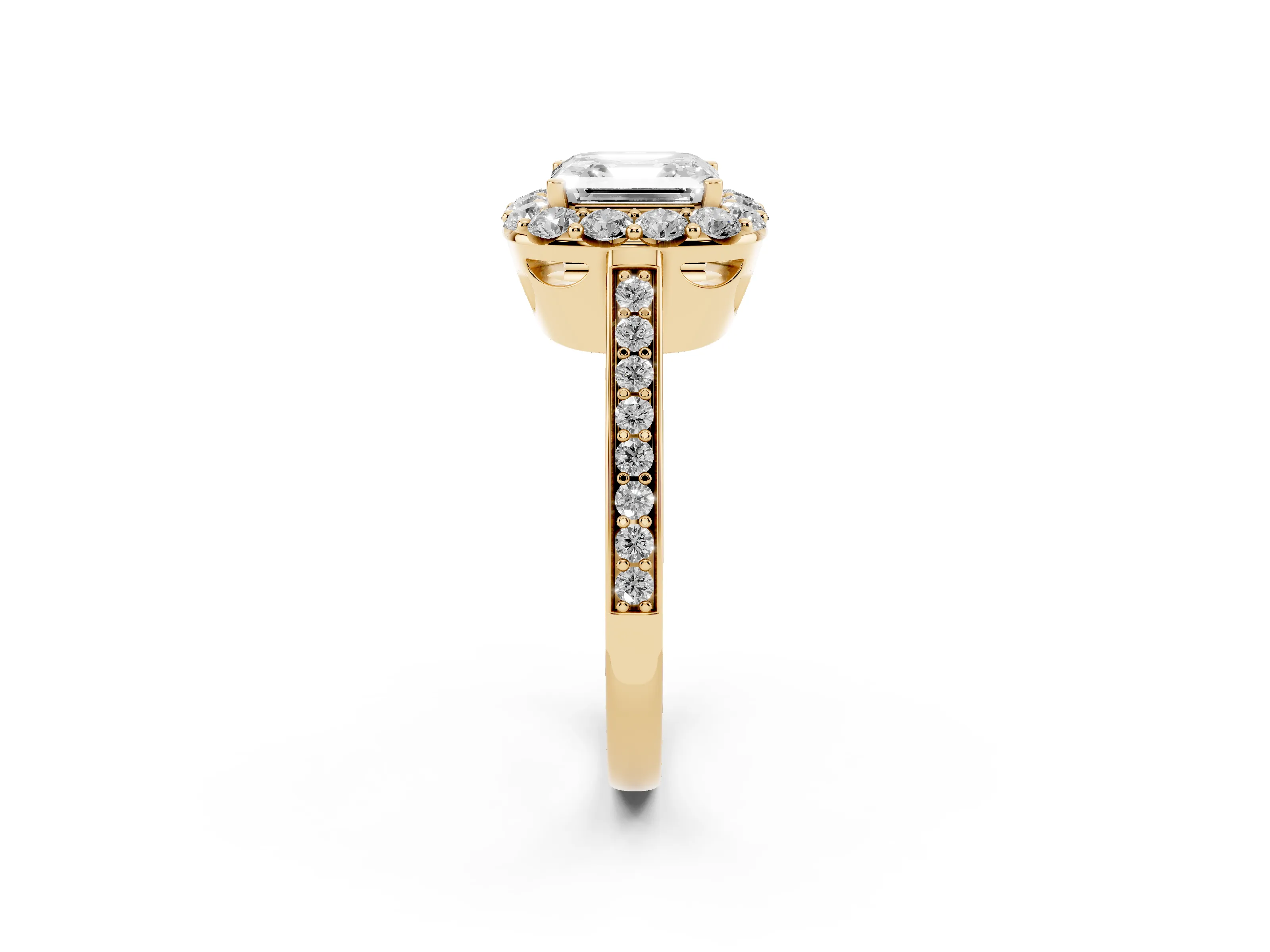 Asscher Cut Diamond Floral Halo Ring Set in Yellow gold with Pavé Band and Prong Setting