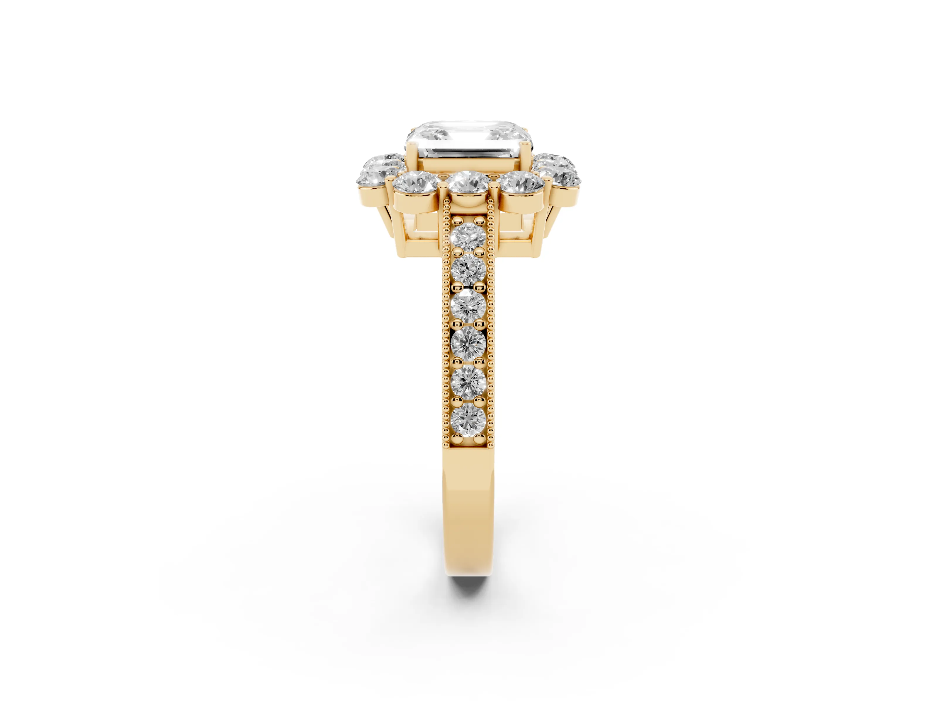 Asscher Cut Diamond Halo Pavé Engagement Ring Set in Yellow gold with Milgrain Detailing