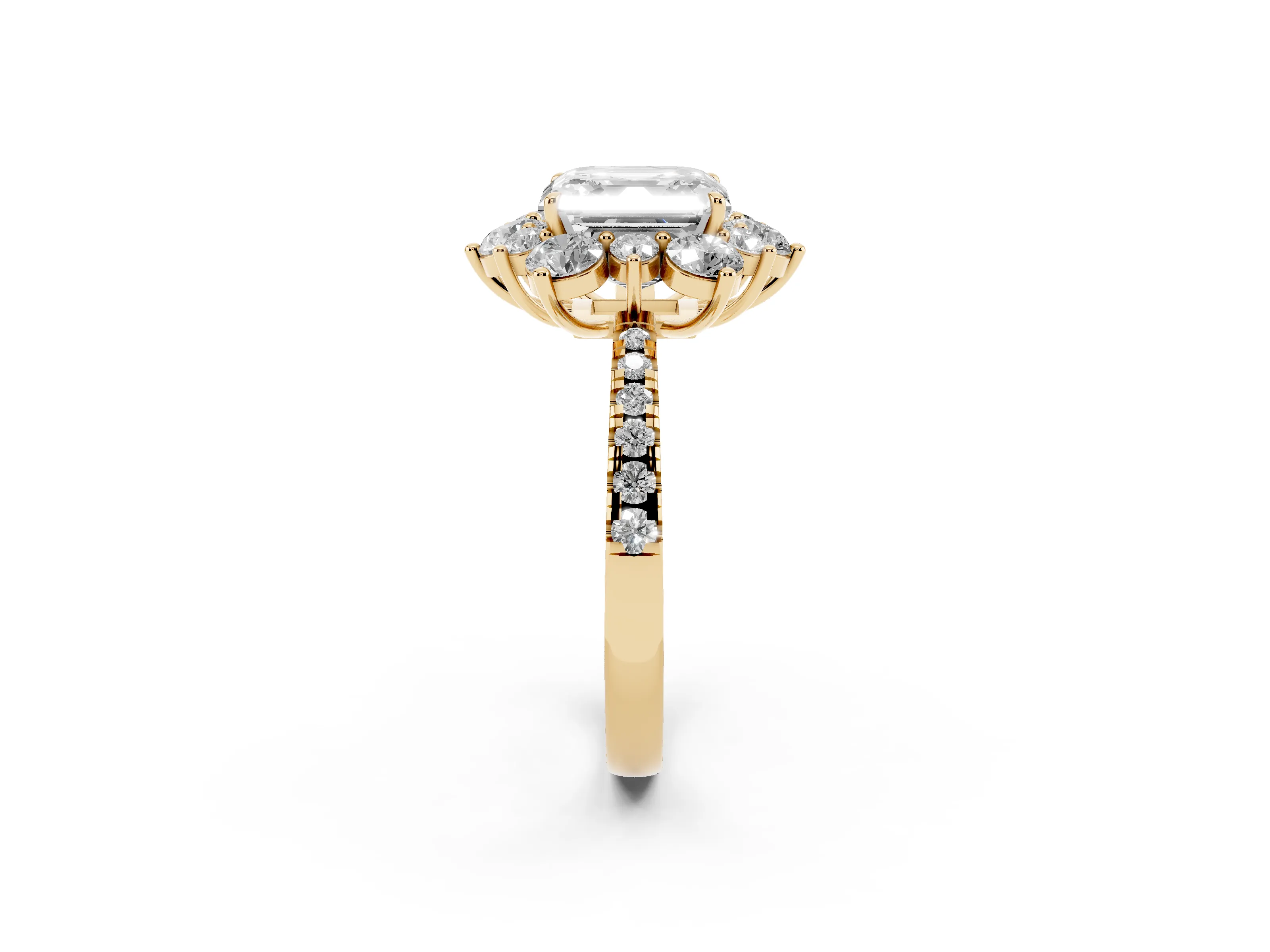 Asscher Cut Diamond Floral Halo Ring Set in Yellow gold with Round Pavé Band and Prong Setting