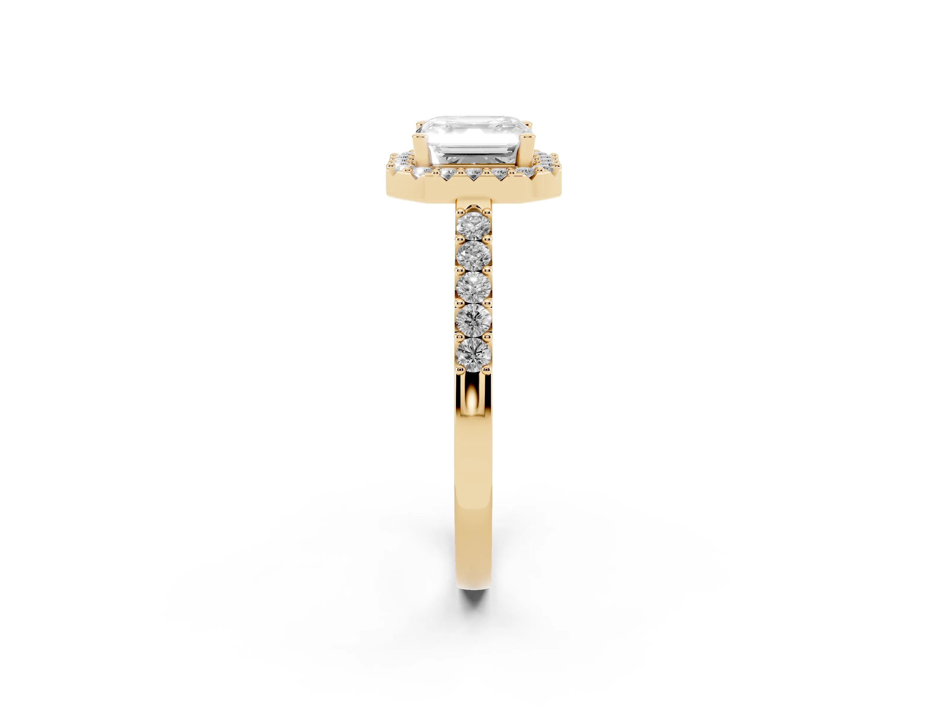 Asscher Cut Diamond Halo Pavé Solitaire Ring Set in Yellow gold with Prong-Set Center Stone