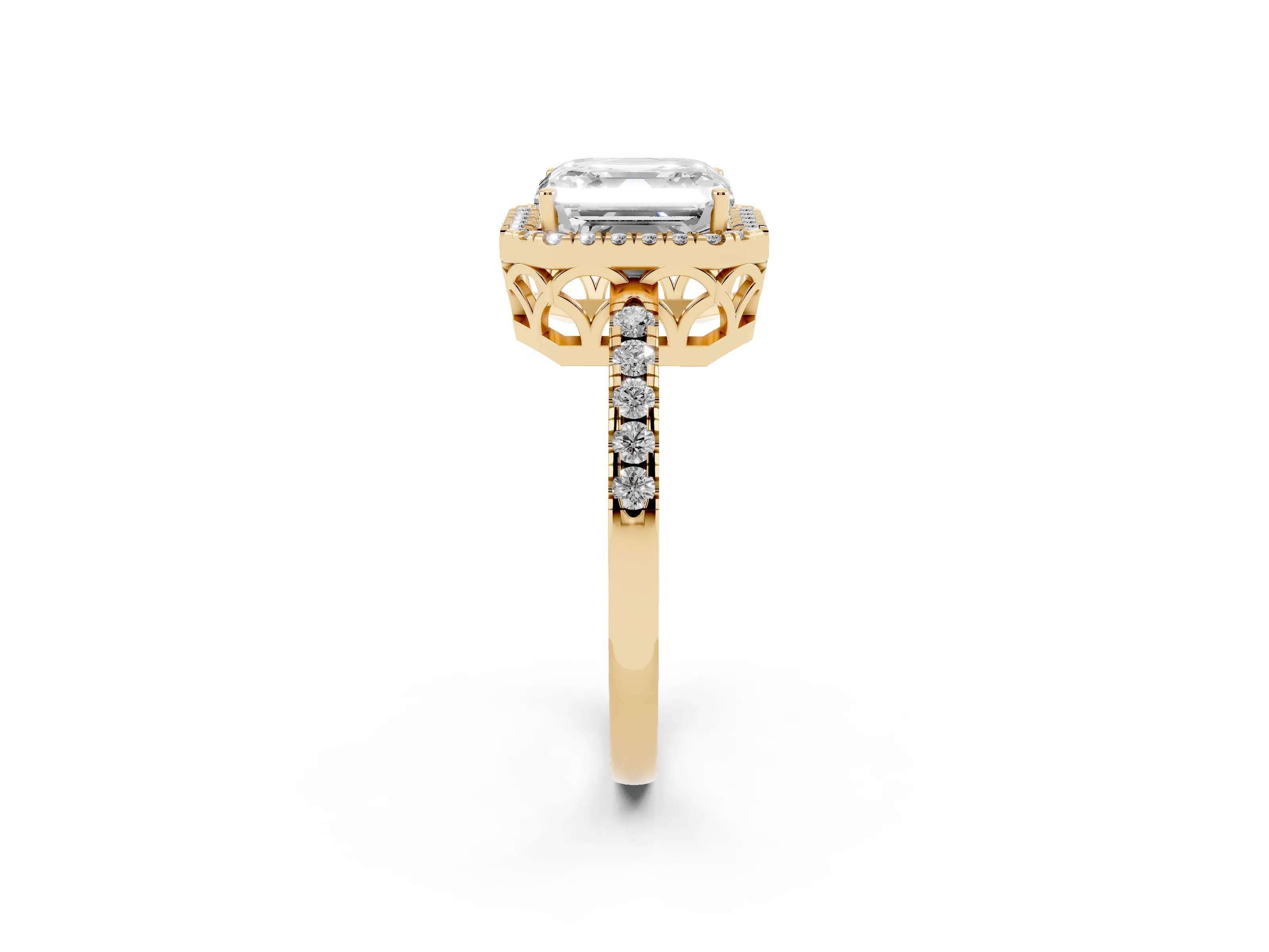 Asscher Cut Diamond Pavé Band Halo Engagement Ring Set in Yellow gold with Prong Setting