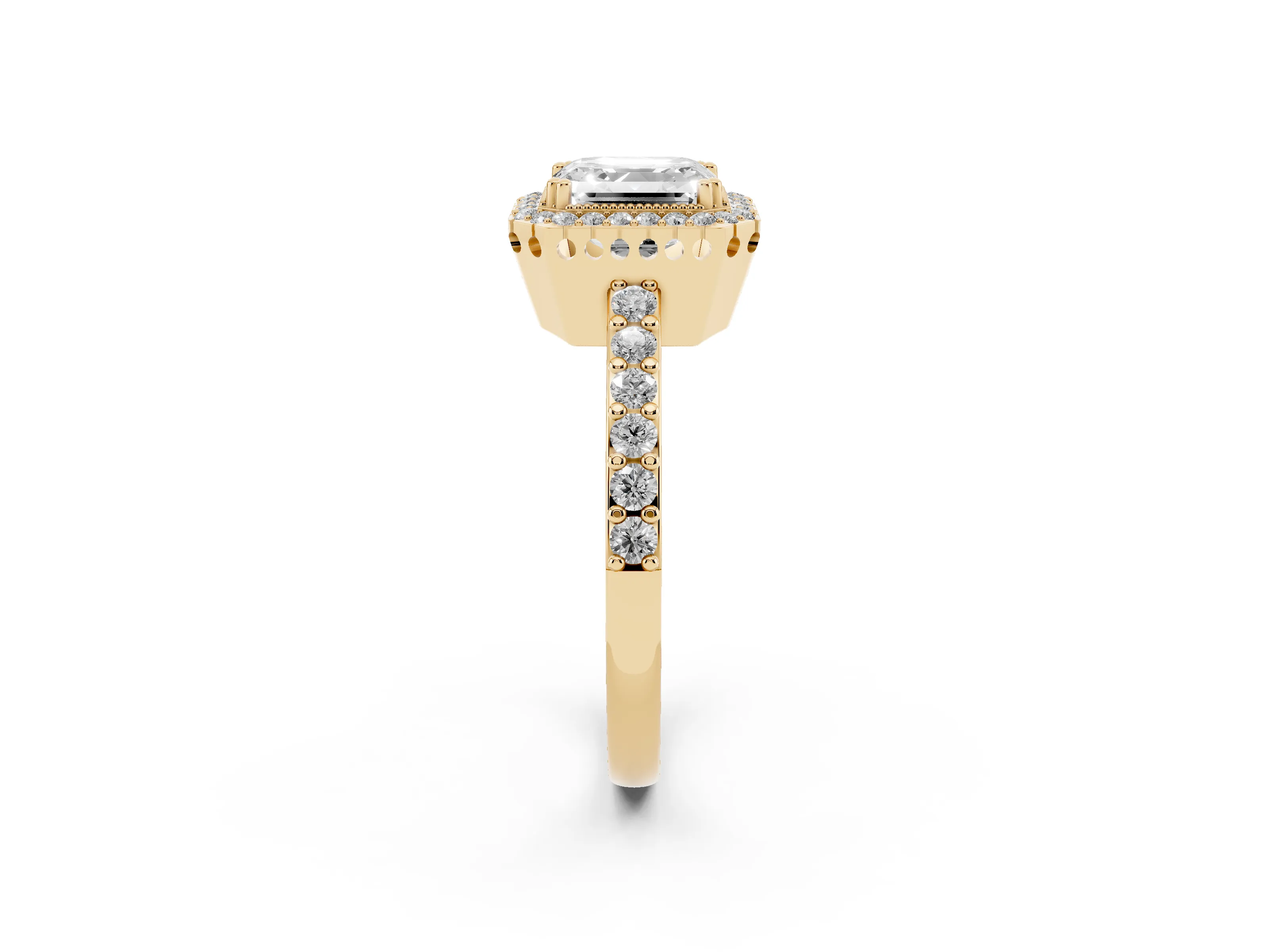 Asscher Cut Diamond Halo Engagement Ring Set in Yellow gold with Milgrain Detail and Pavé Band