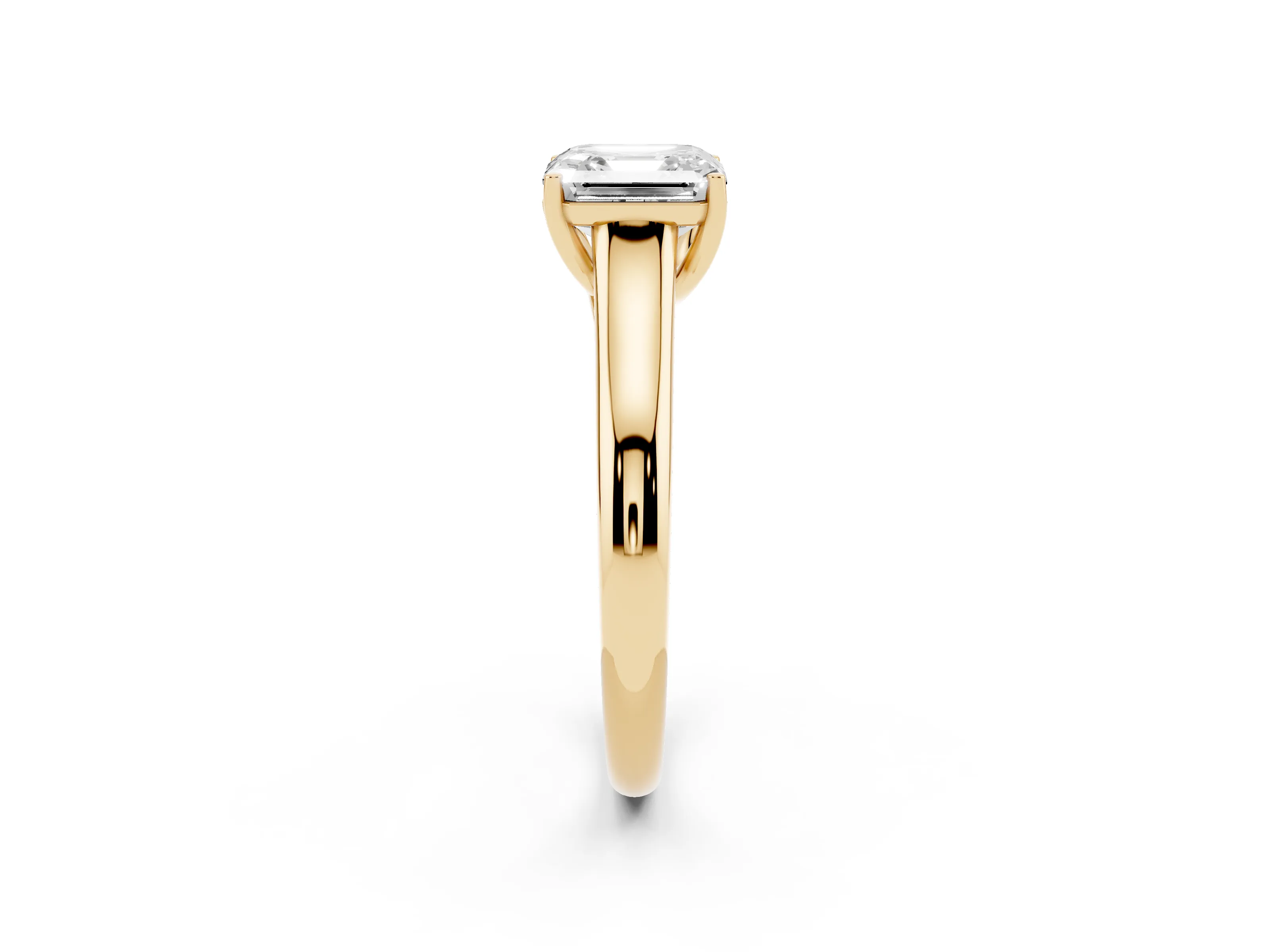 Asscher Cut Diamond Solitaire Engagement Ring Set in Yellow gold with Subtly Tapered Band and Prong Setting