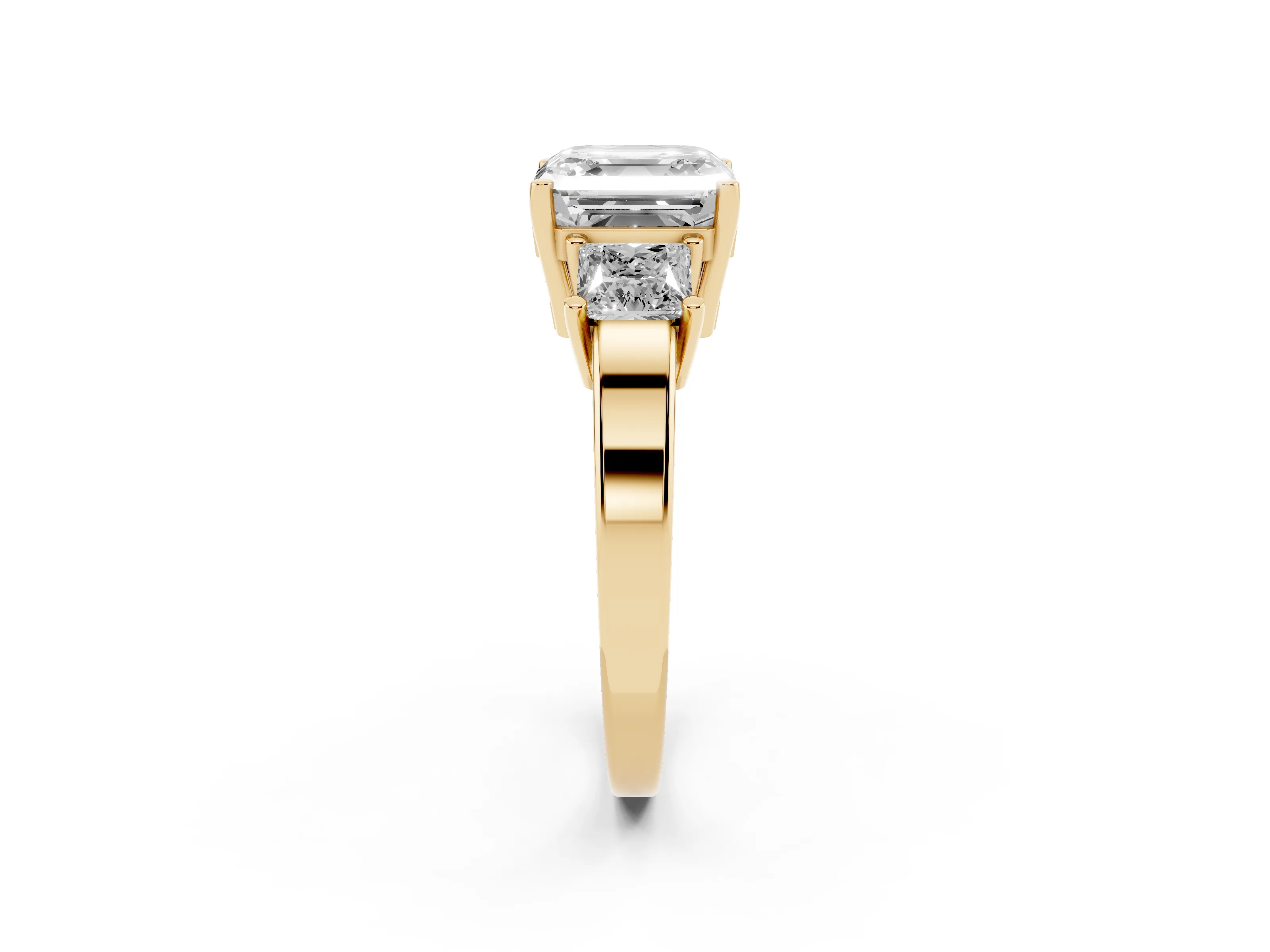 Three-Stone Asscher Cut Diamond Solitaire Ring Set in Yellow gold with Prong Setting