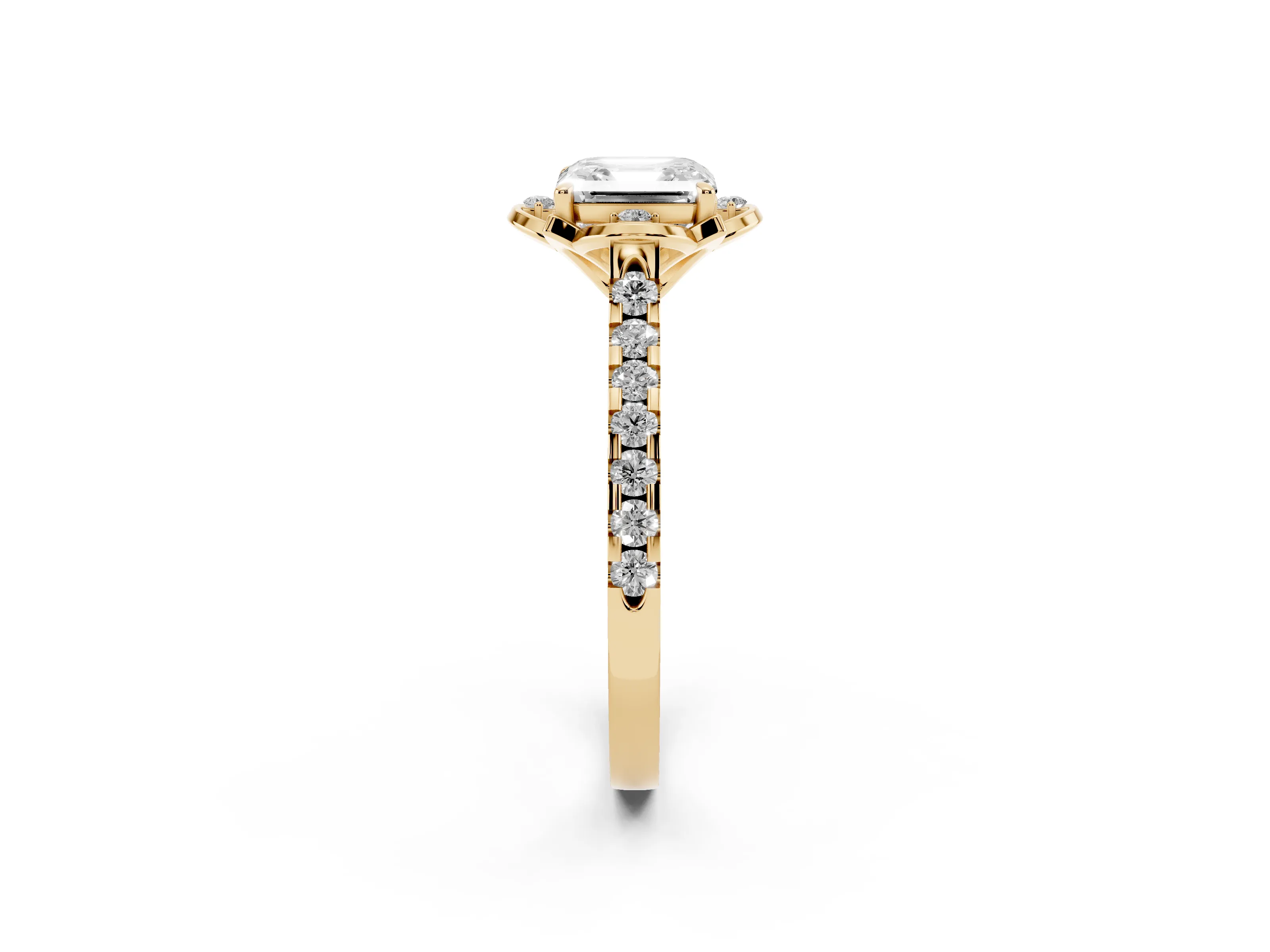 Asscher Cut Diamond Solitaire Ring Set in Yellow gold with Pavé Band and Floral Prong Setting