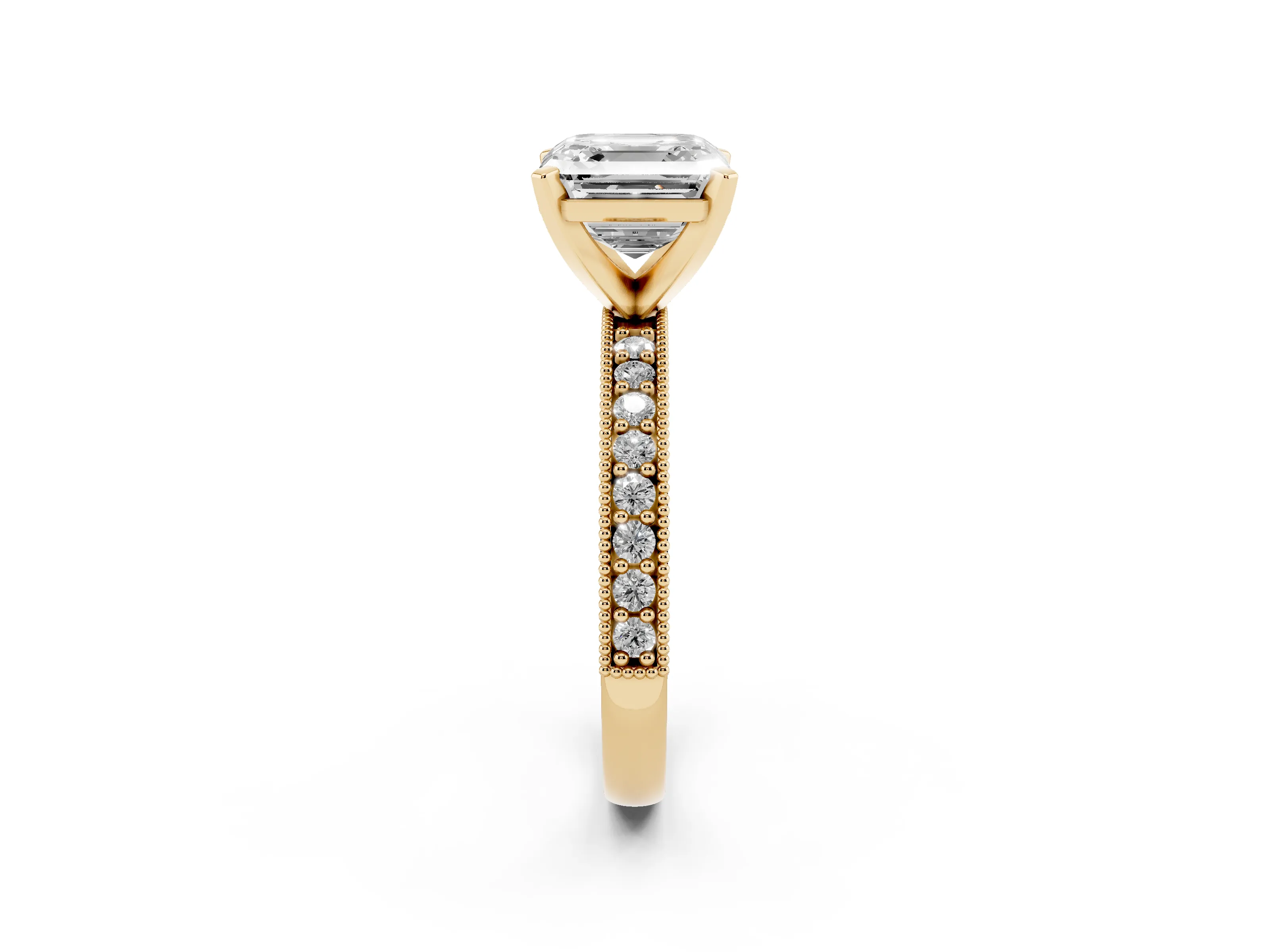 Asscher Cut Diamond Milgrain Pavé Engagement Ring Set in Yellow gold with Prong Setting
