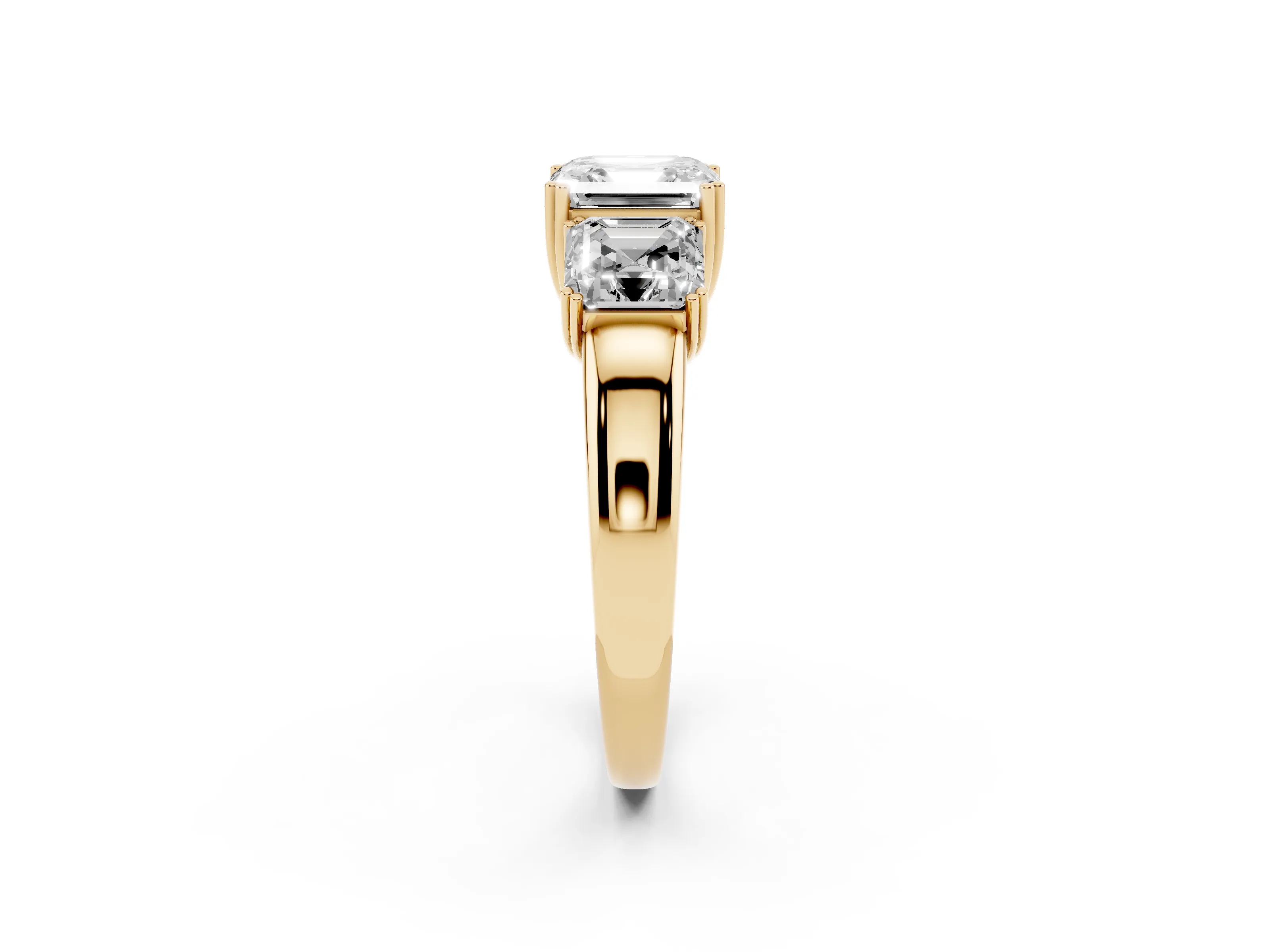 Asscher Cut Diamond Three-Stone Ring Set in Yellow gold with Polished Band and Prong Setting