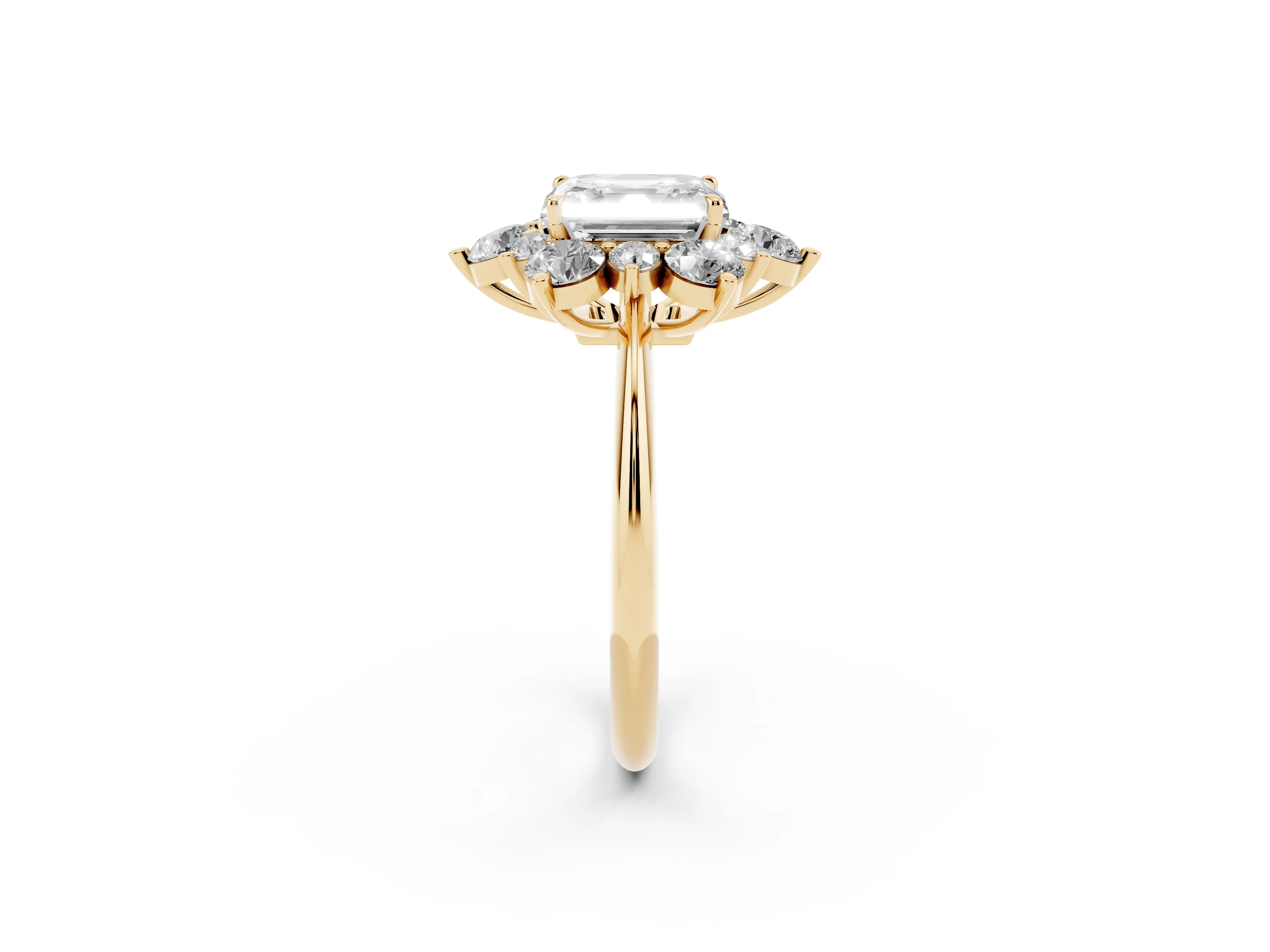 Asscher Cut Diamond Cluster Halo Ring Set in Yellow gold with Solitaire Band and Prong Setting