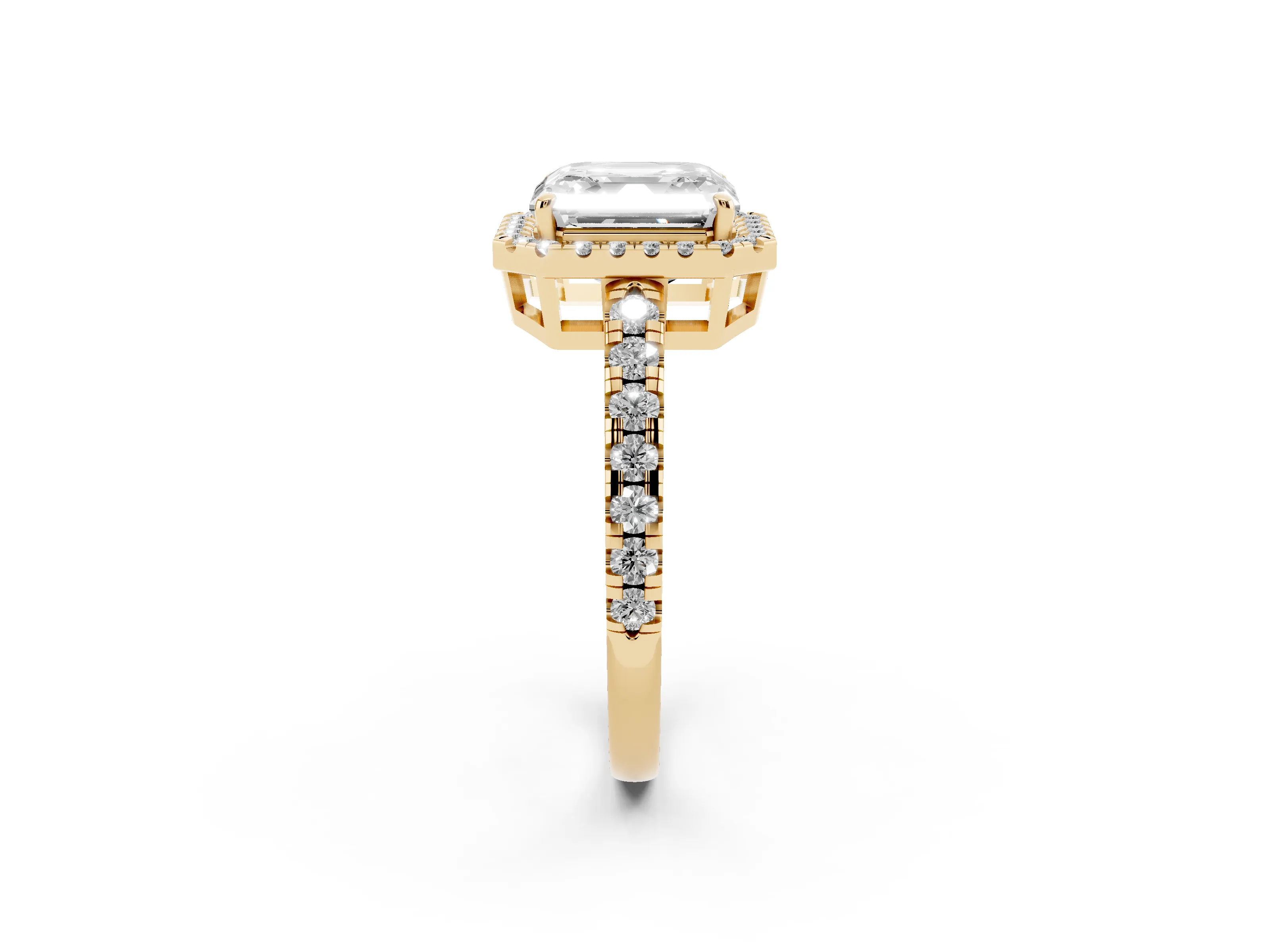Asscher Cut Diamond Halo Ring Set in Yellow gold with Delicate Pavé Band and Prong Setting