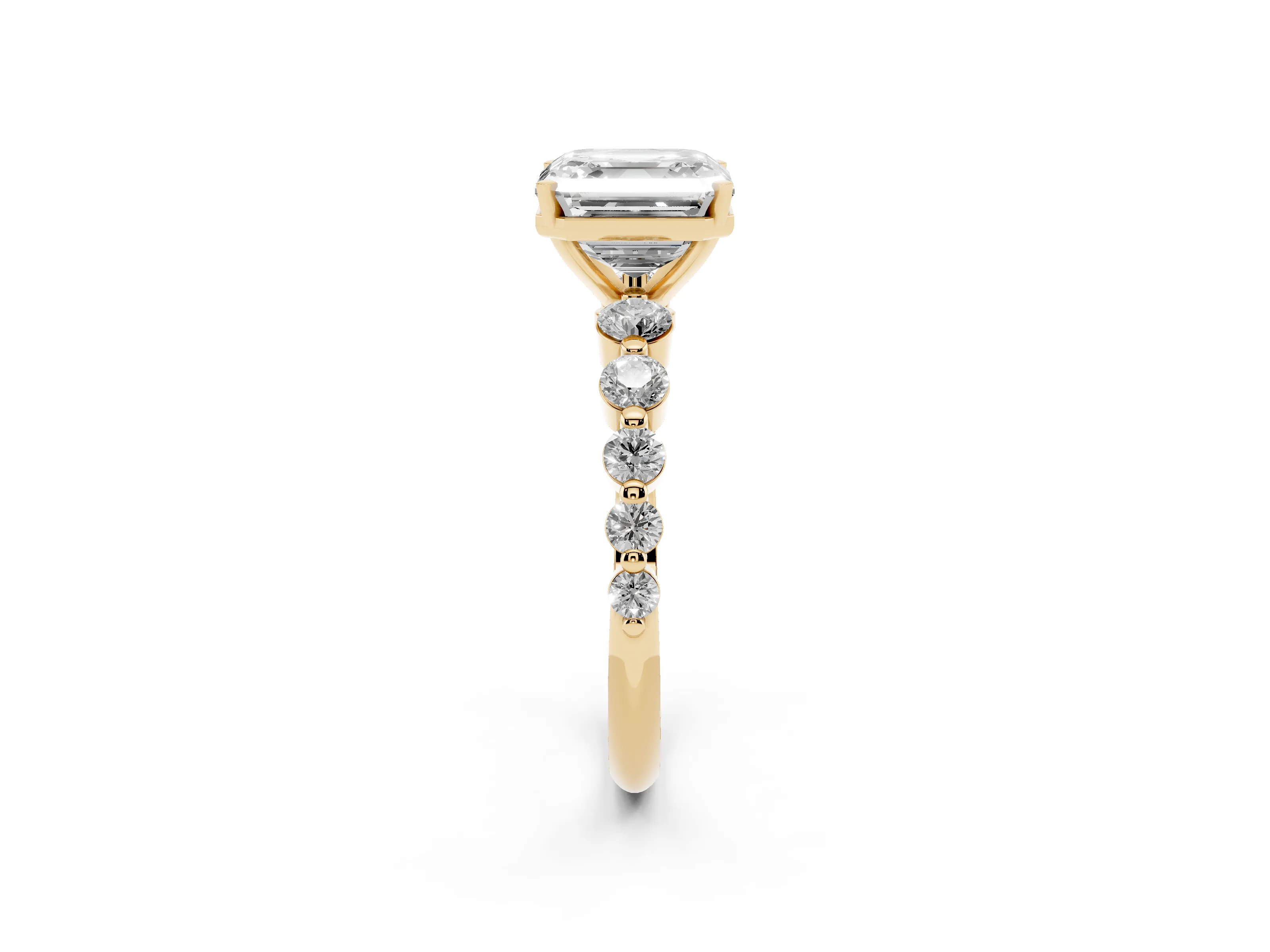 Asscher Cut Diamond Solitaire Ring Set in Yellow gold with Pavé Band and Prong Setting