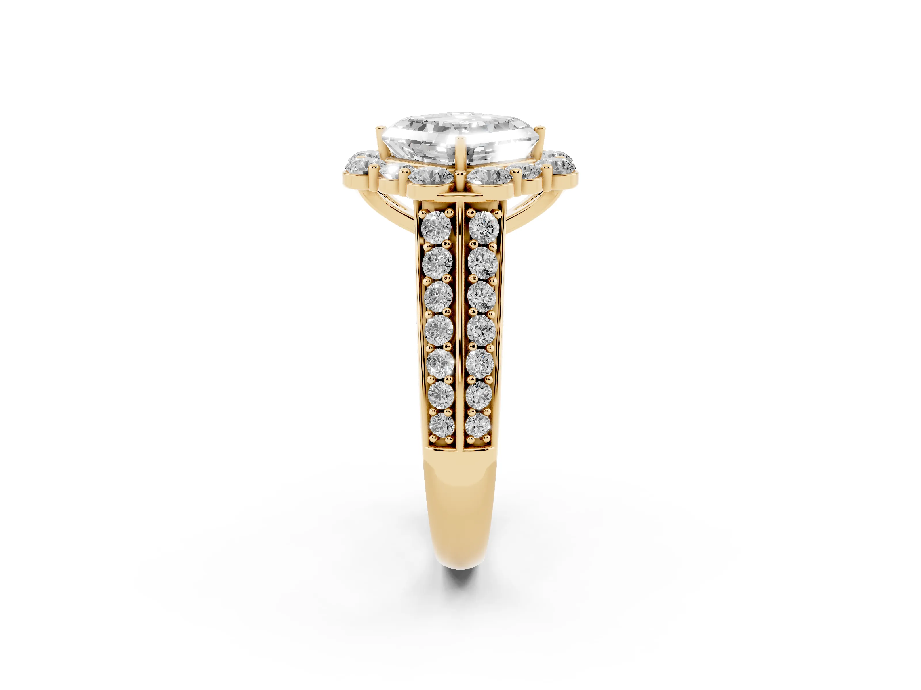 Asscher Cut Diamond Halo Engagement Ring Set in Yellow gold with Split Shank and Prong Setting