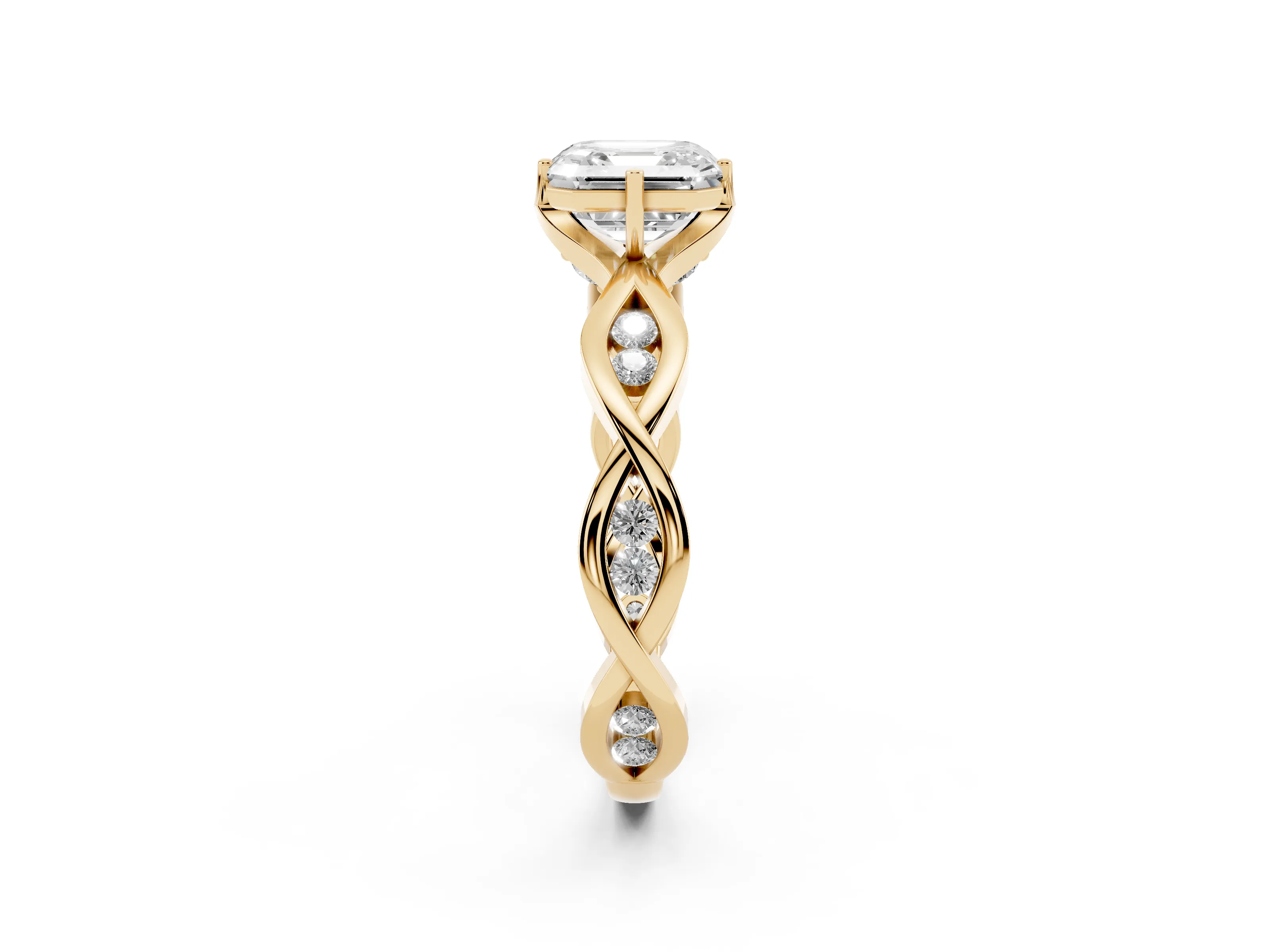 Asscher Cut Diamond Twist Band Solitaire Ring Set in Yellow gold with Leaf Prong Setting and Accent Stones