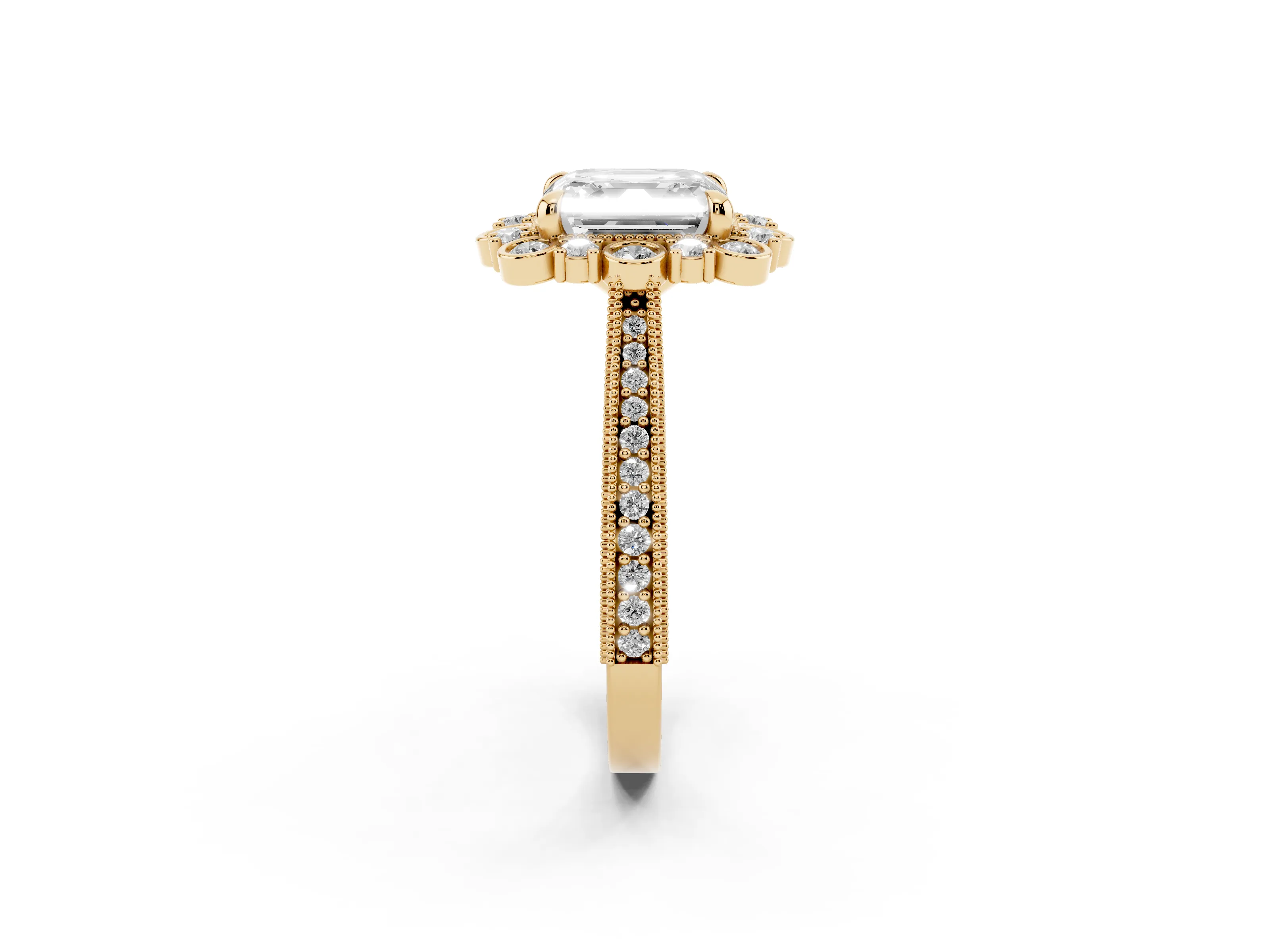 Asscher Cut Diamond Halo Milgrain Pavé Ring Set in Yellow gold with Prong Setting