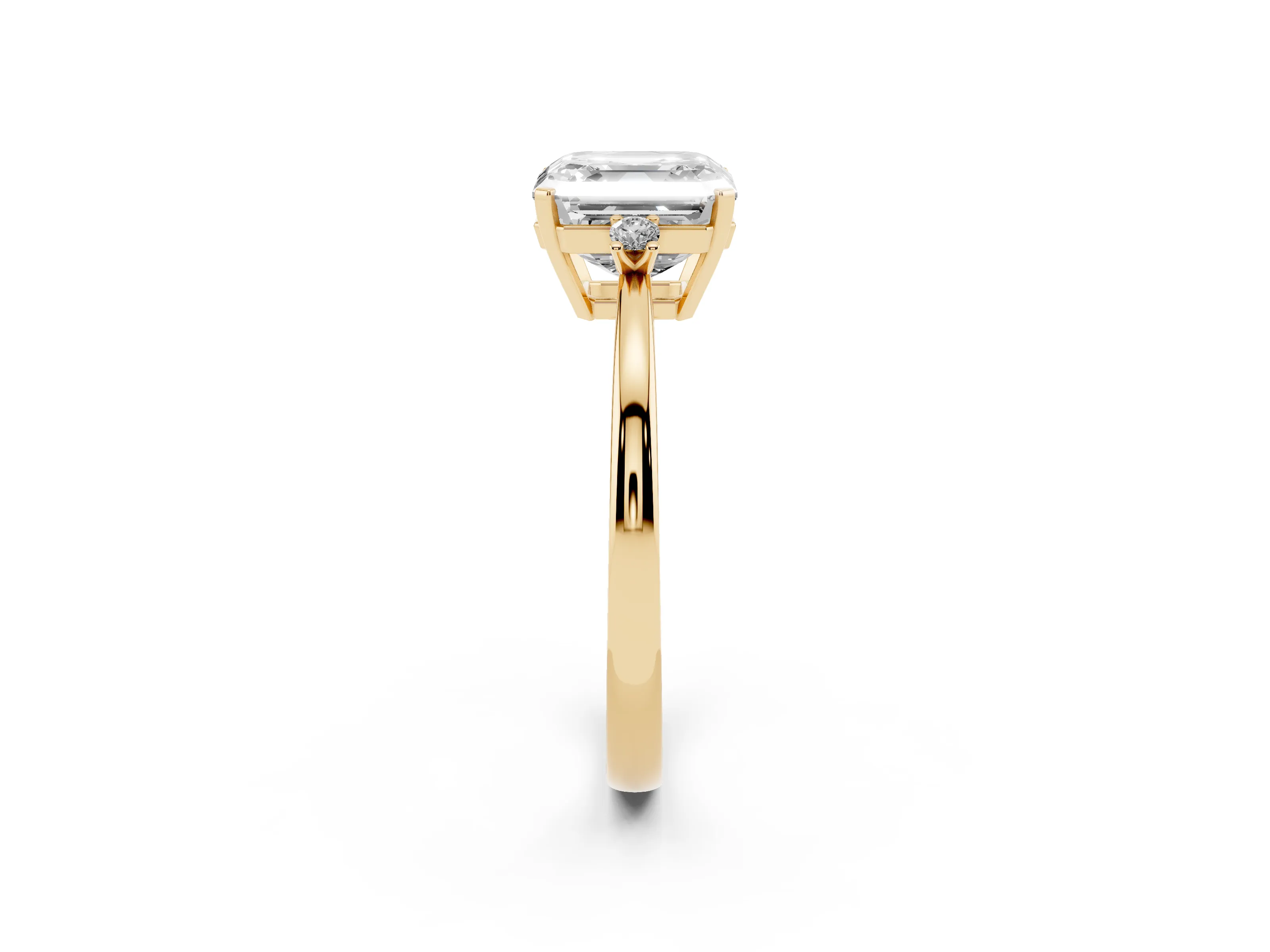 Three-Stone Asscher Cut Diamond Solitaire Ring Set in Yellow gold with Round Accent Stones and Prong Setting