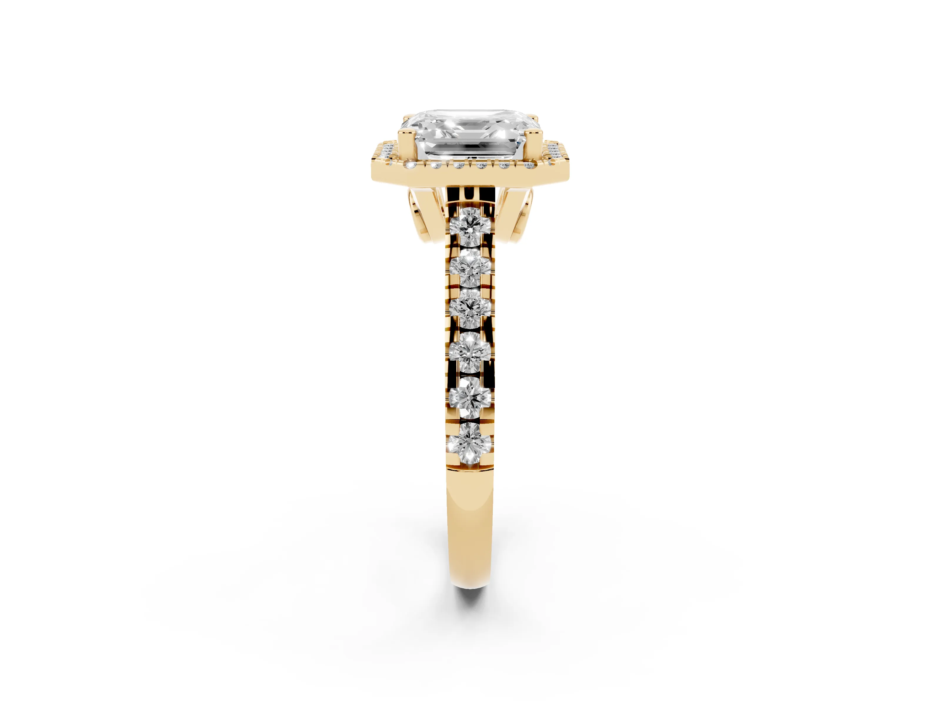 Asscher Cut Diamond Halo Engagement Ring Set in Yellow gold with Pavé Band and Prong-Set Center